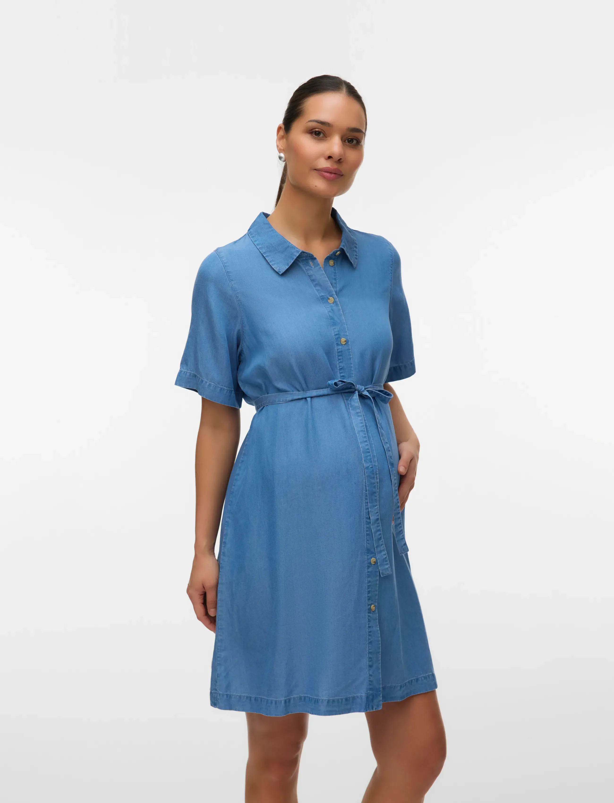 Vero Moda Maternity Vmmbree Ss Short Tencel Shirt Dress, L, Blue, Kjoler > Skjortekjoler, Dame