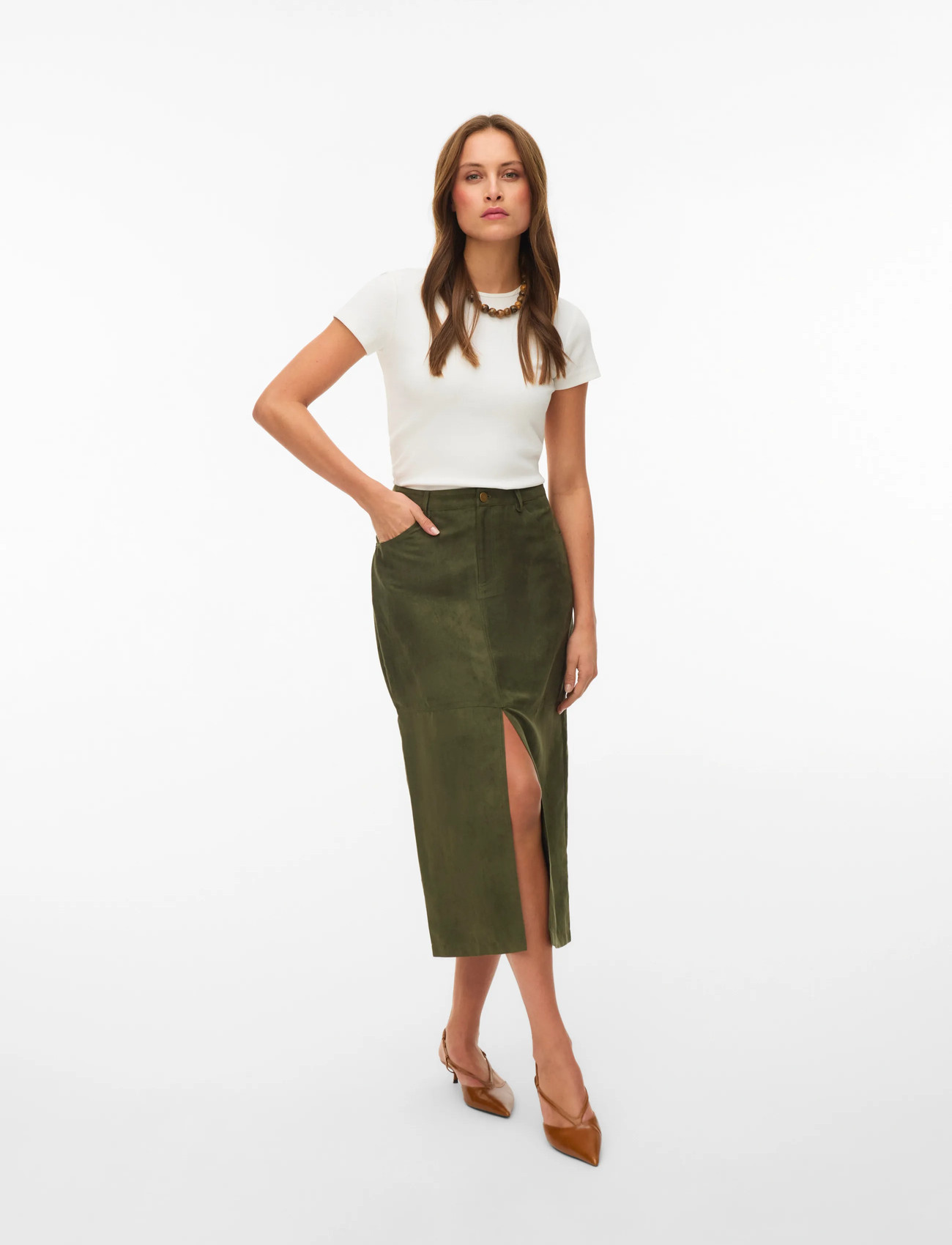 Vero Moda Vmkathy Hw Midi Skirt Wvn Exp - Khaki green - XS