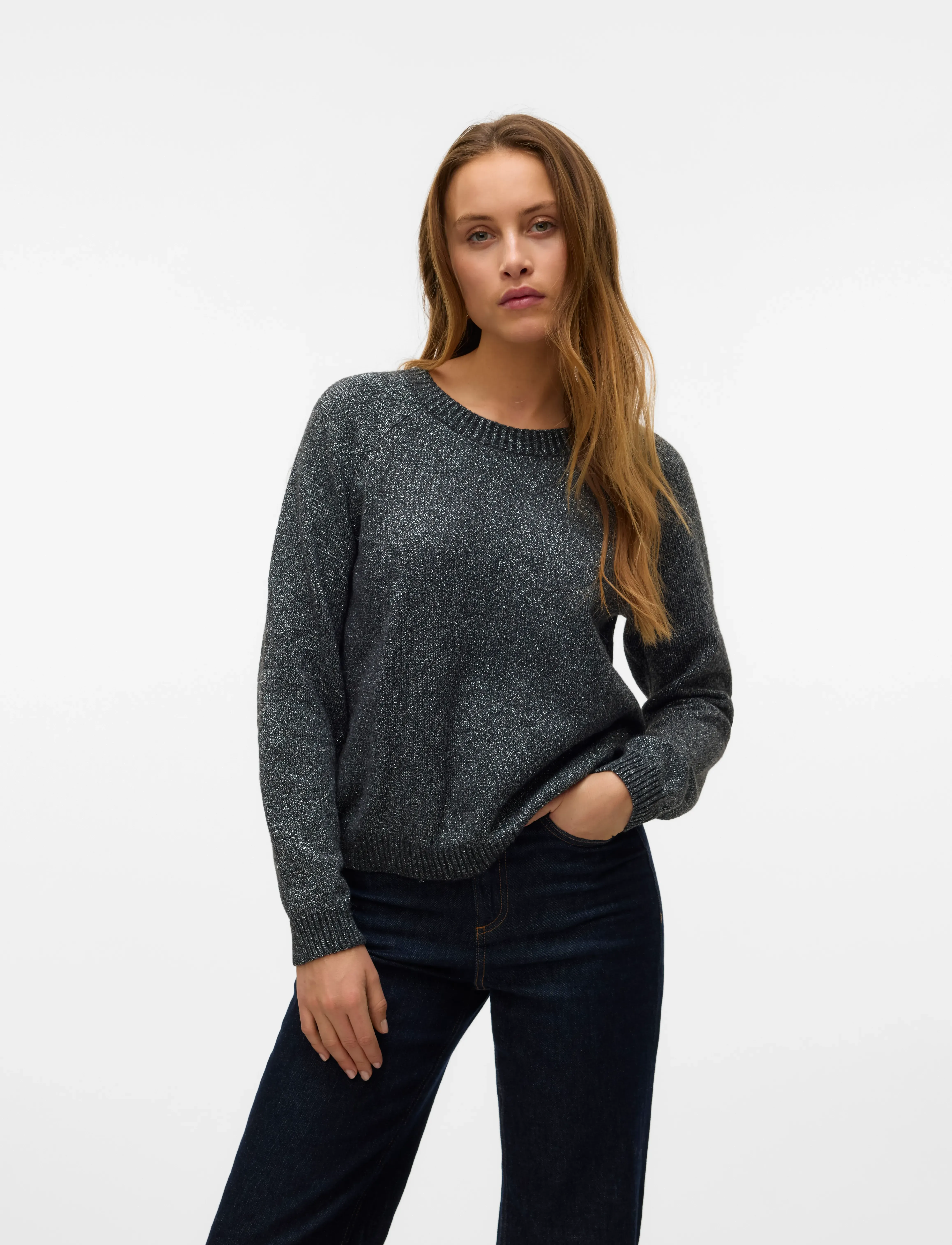 Vero Moda Vmdoffyshine Ls O-Neck Blouse Rep Noos, S, Grey, Strik > Trøjer, Dame