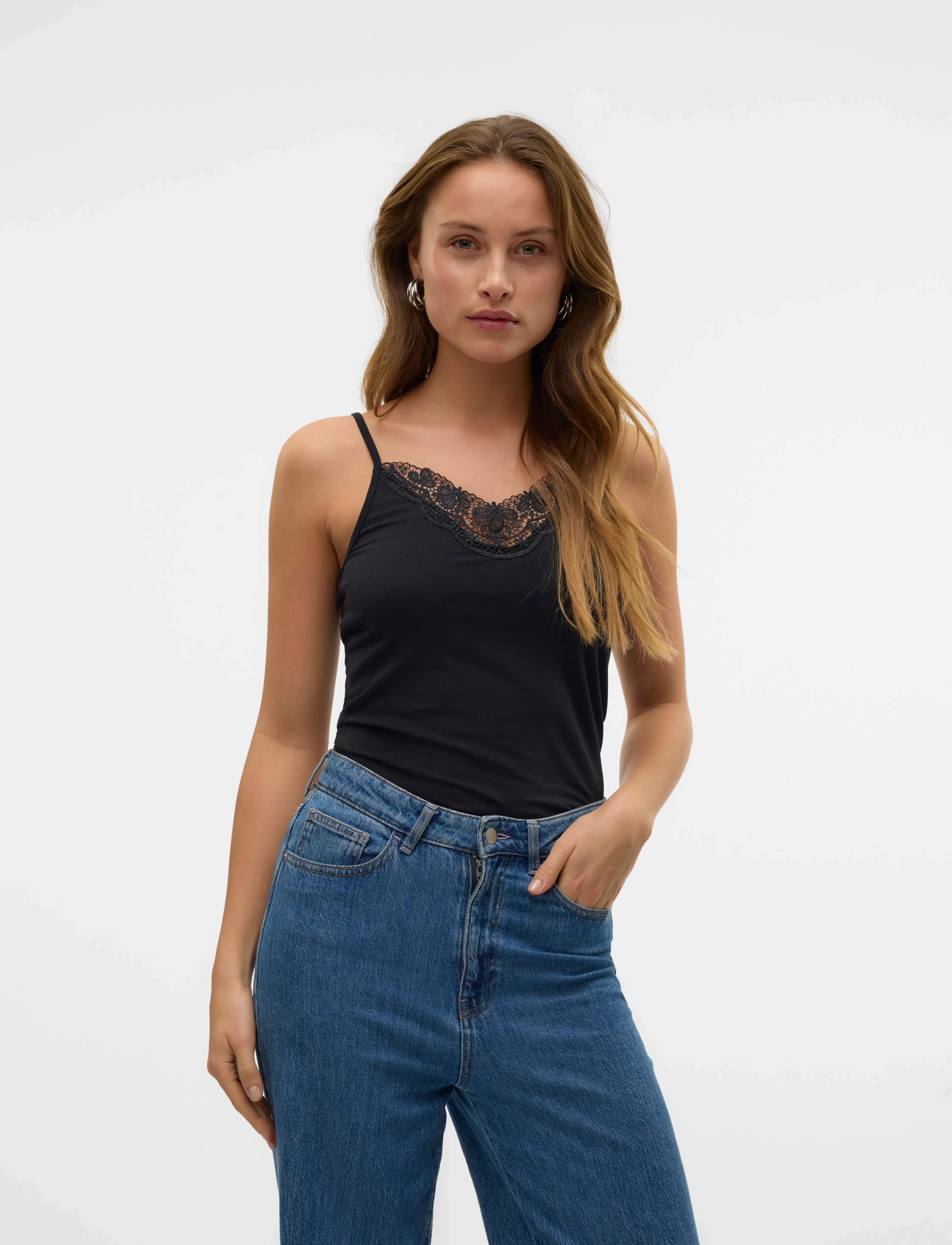 Vero Moda Vminge Lace Singlet Jrs Noos, Kvinder, Blondeundertrøje, Sort, Str: S
