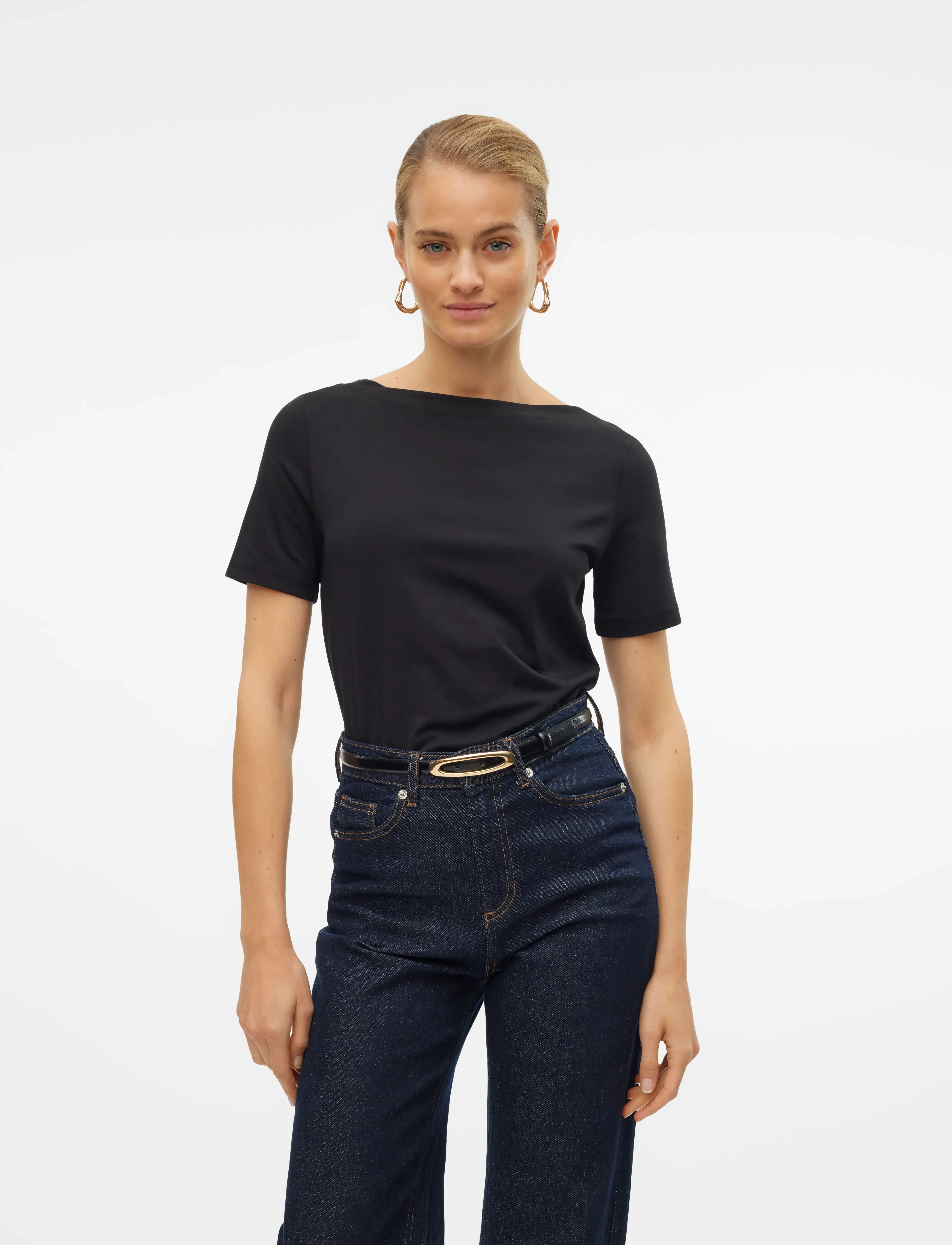 Vero Moda Vmpanda Modal S/S Top Noos, Kvinder, Kortærmet Bådudskæring Top, Sort, Str: S