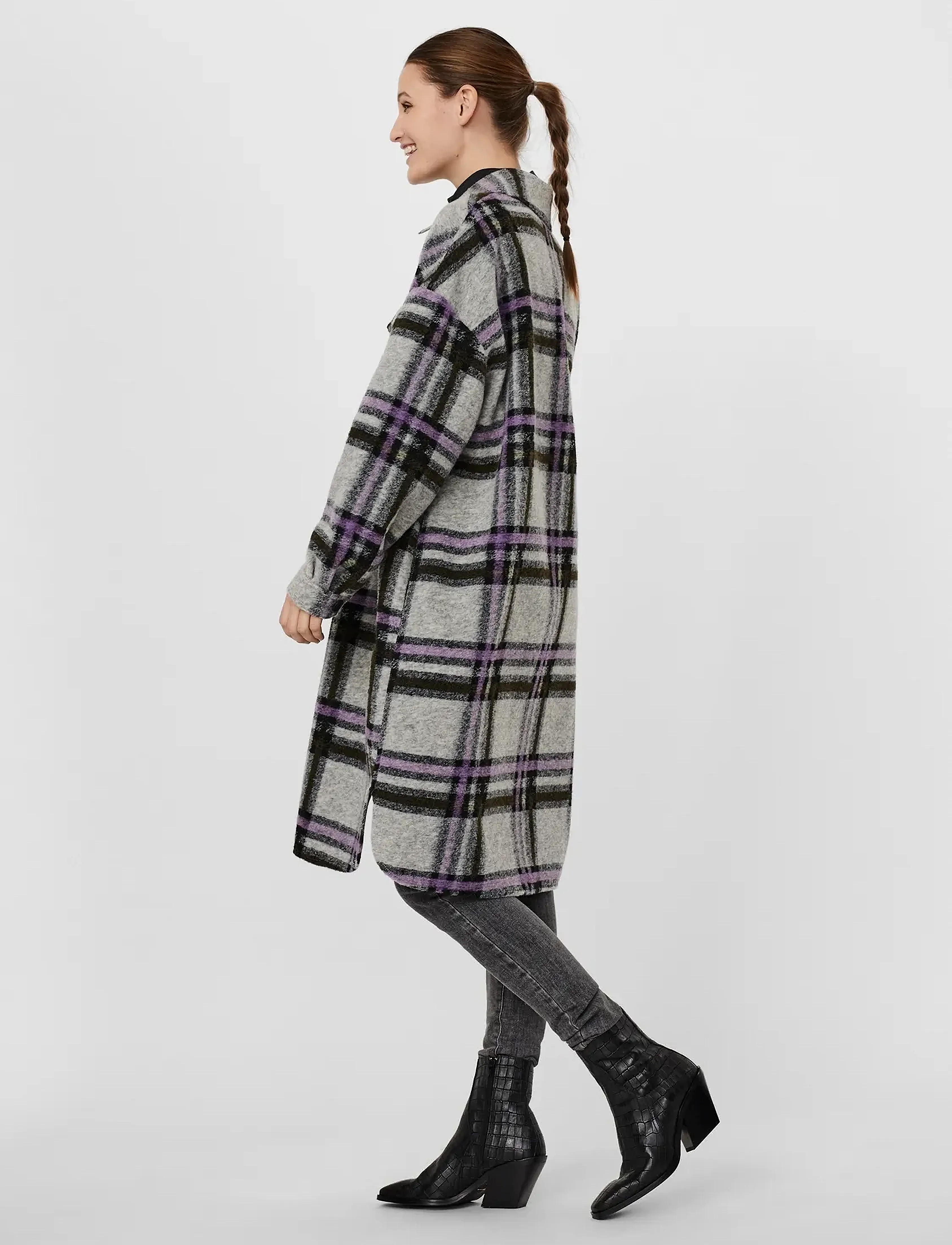 Vero Moda - VMCHRISSIE LONG CHECK SHIRT GA - uldfrakker - light grey melange - 5