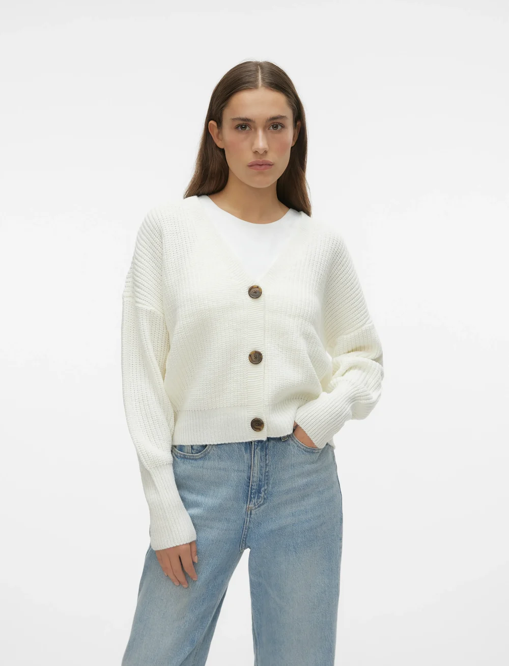 Vero Moda - VMLEA LS V-NECK CUFF CARDIGAN - koftor - cloud dancer - 0