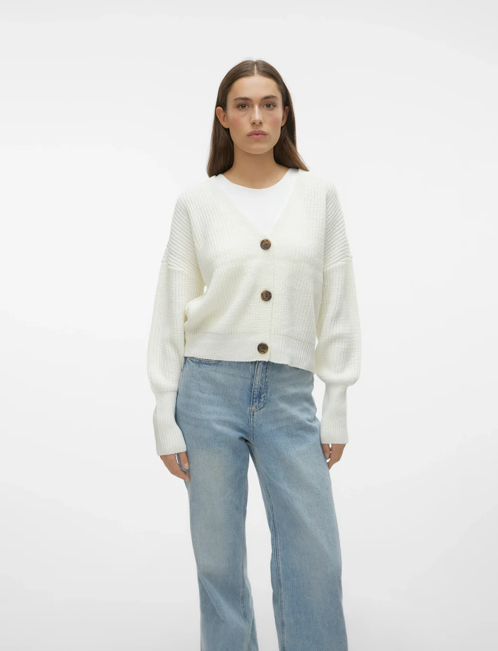 Vero Moda - VMLEA LS V-NECK CUFF CARDIGAN - koftor - cloud dancer - 4
