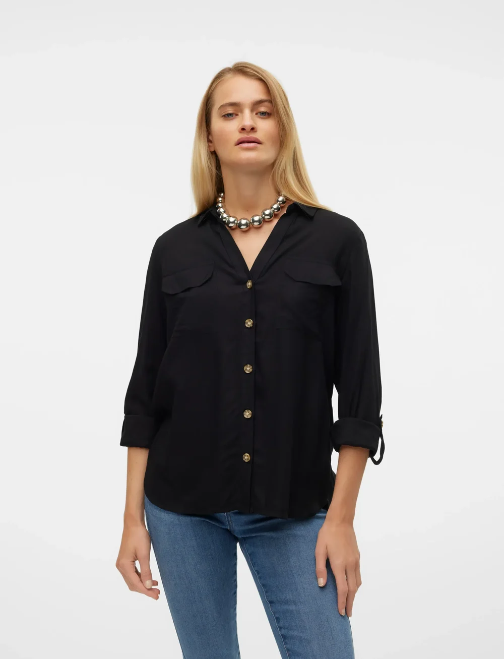 Vero Moda - VMBUMPY L/S SHIRT NEW WVN NOOS - pitkähihaiset kauluspaidat - black - 0