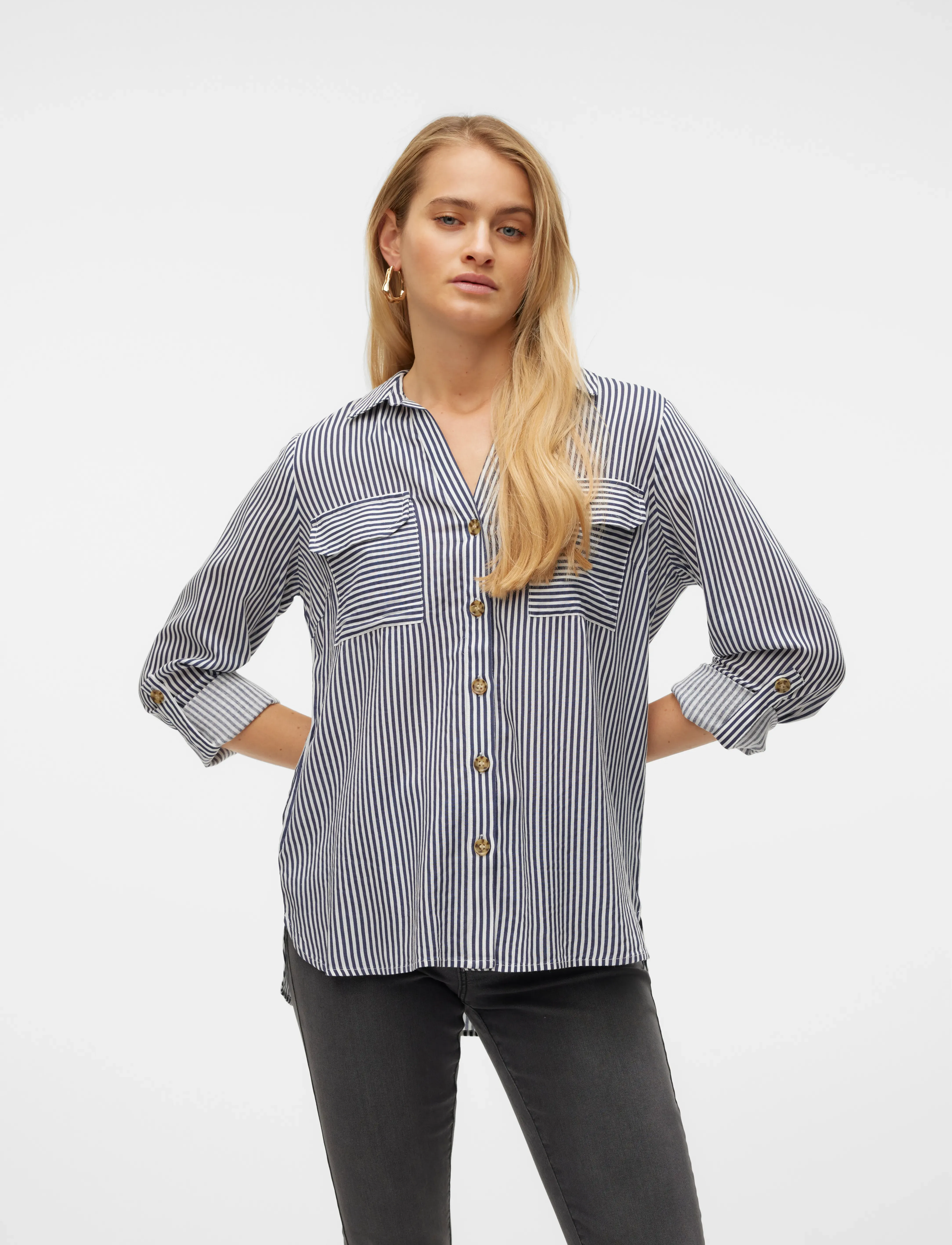 Vero Moda Vmbumpy L/S Shirt New Wvn Noos, Kvinder, Stribet Skjorte Med Oprullede Ærmer, Multi/mønstret, Str: M