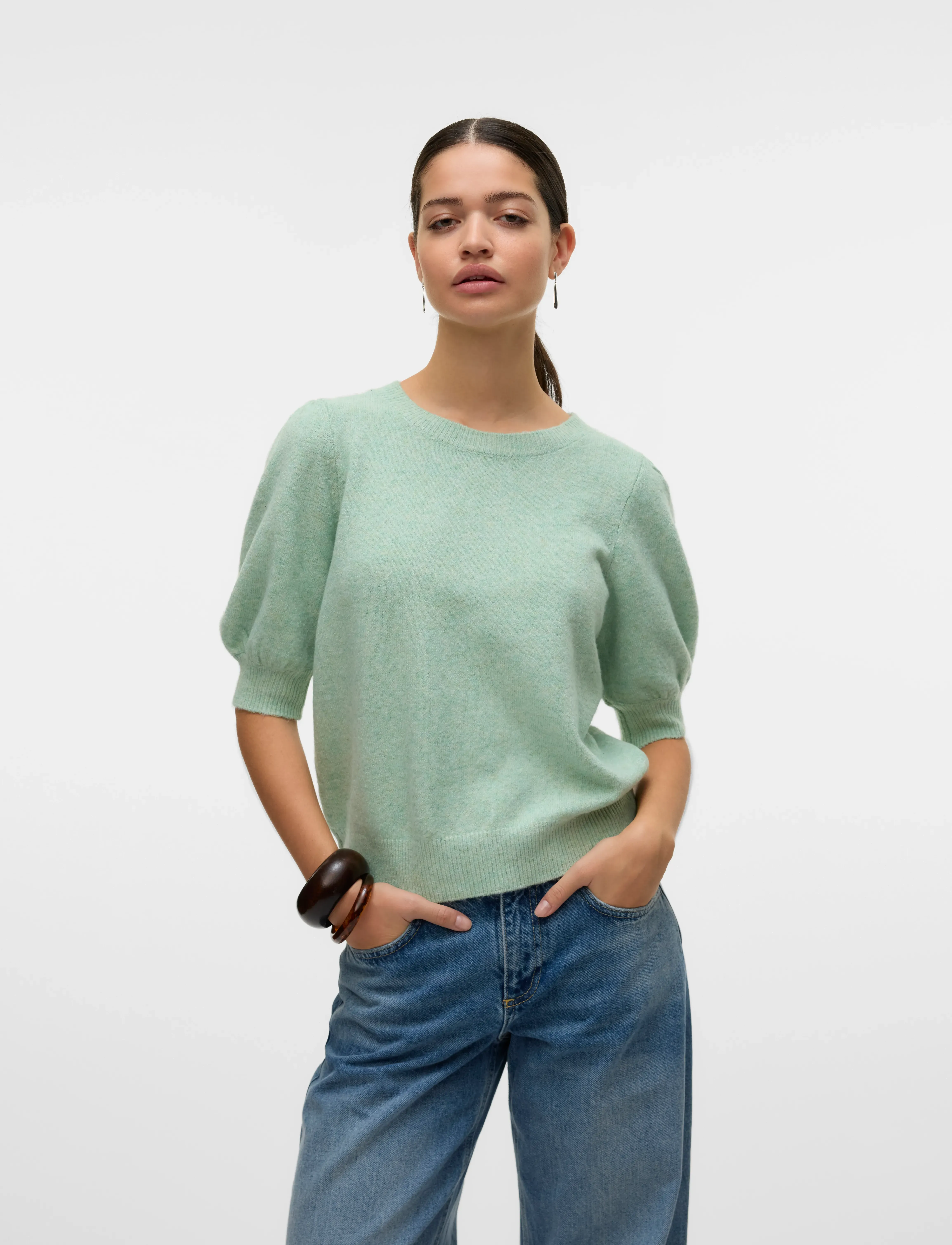 Vero Moda Vmdoffy 2/4 O-Neck Pullover Ga Noos, Kvinder, Kortærmet Puffærme Pullover, Grøn, Str: XS