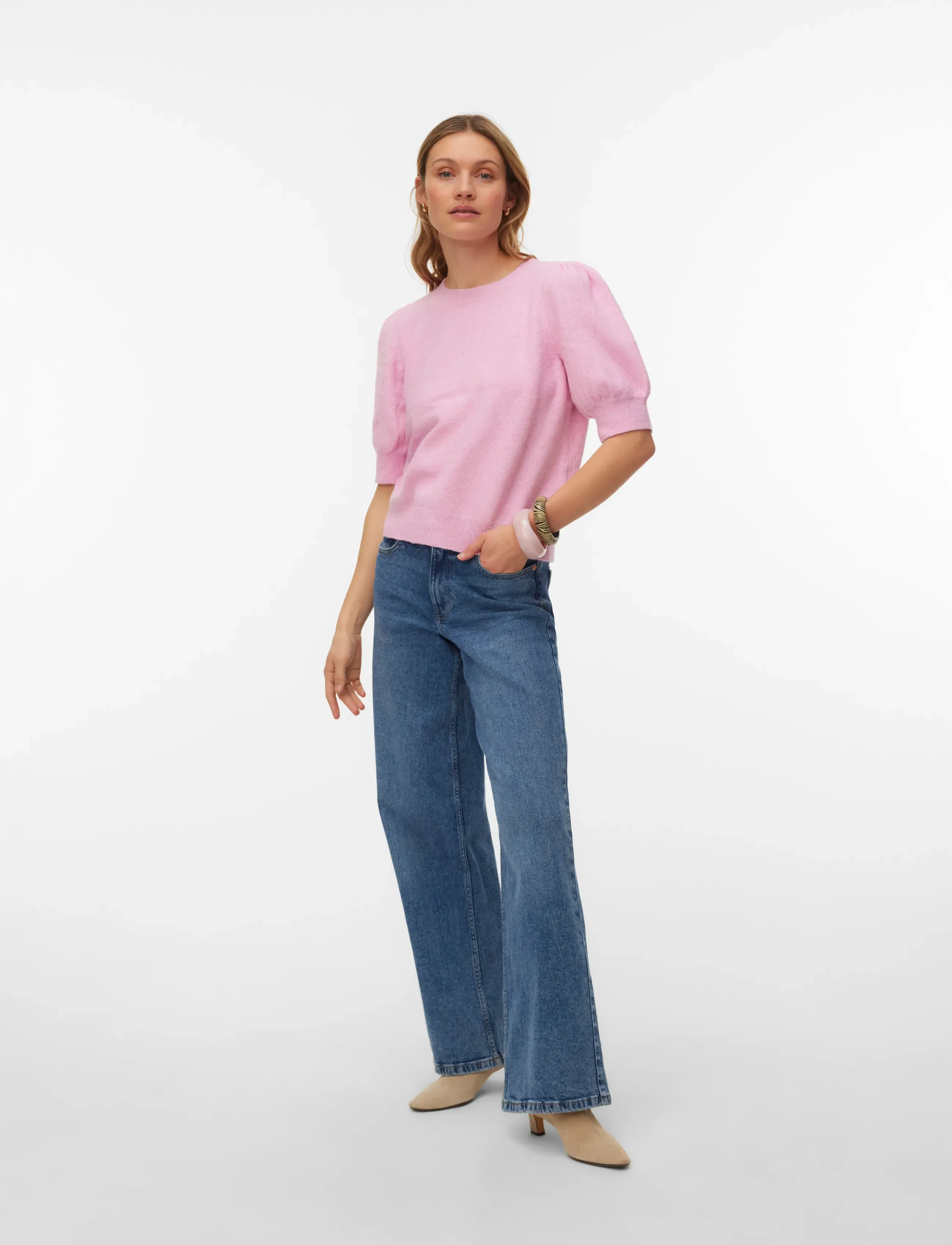 Vero Moda Vmdoffy 2/4 O-Neck Pullover Ga Noos, Kvinder, Kortærmet Puffærme Pullover, Pink, Str: S
