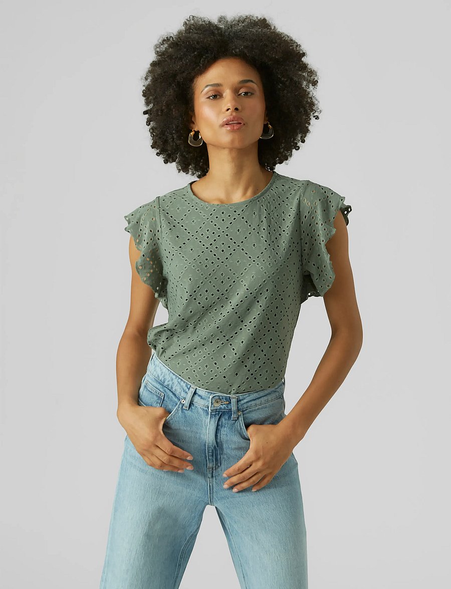 Vero Moda - VMTASSA SL FRILL TOP NOOS - blūzes ar īsām piedurknēm - laurel wreath - 0