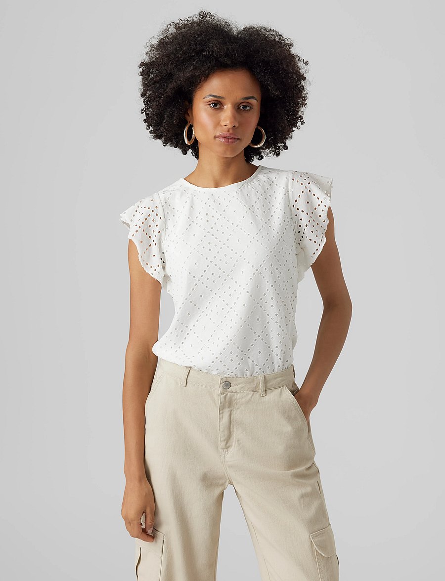 Vero Moda - VMTASSA SL FRILL TOP NOOS - lühikeste varrukatega pluusid - snow white - 0