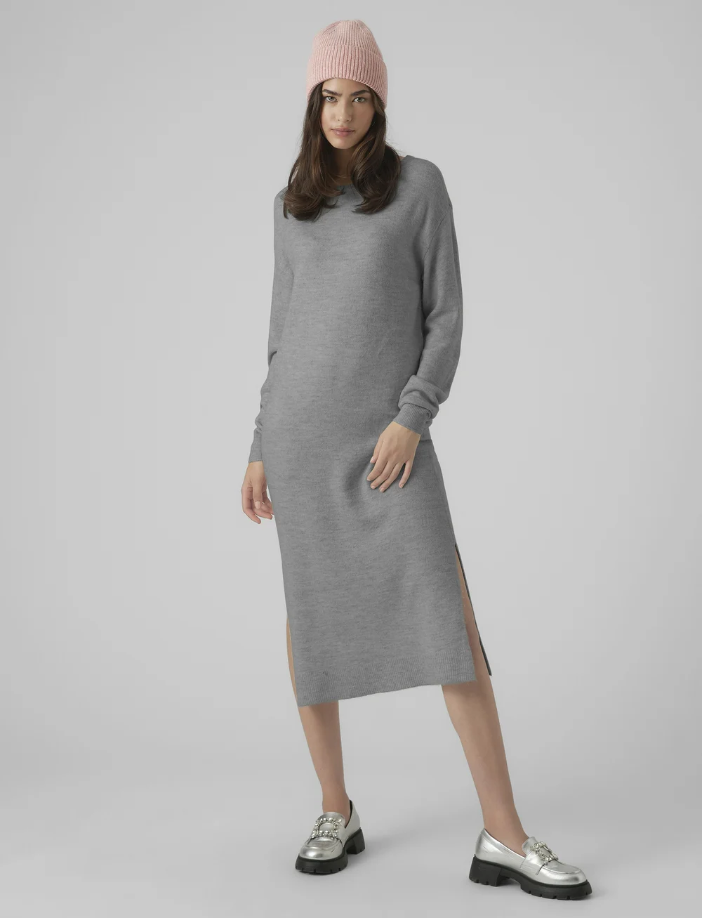 Vero Moda - VMLEFILE LS BOATNECK CALF DRESS NOOS - kootud kleidid - medium grey melange - 0