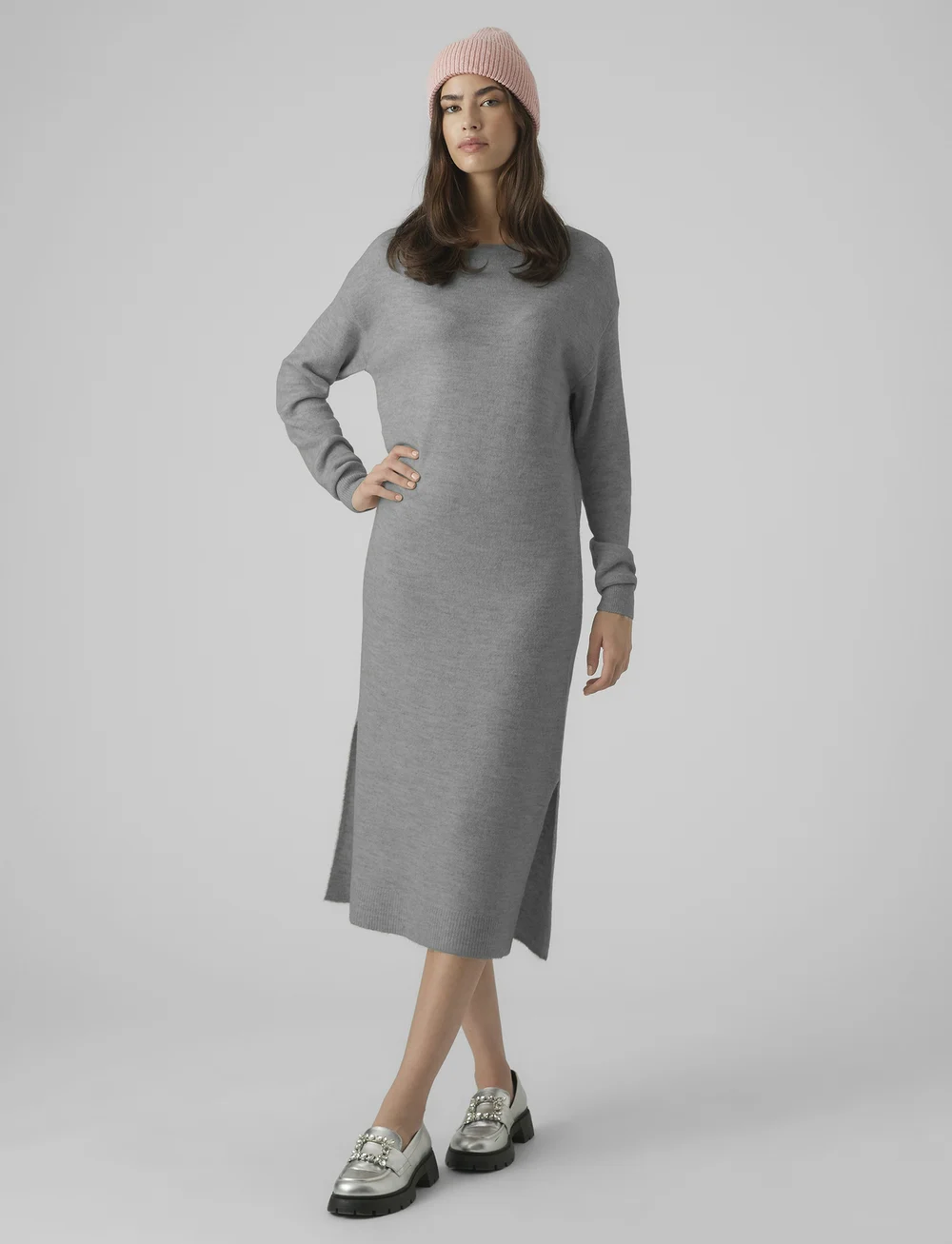 Vero Moda - VMLEFILE LS BOATNECK CALF DRESS NOOS - kootud kleidid - medium grey melange - 3