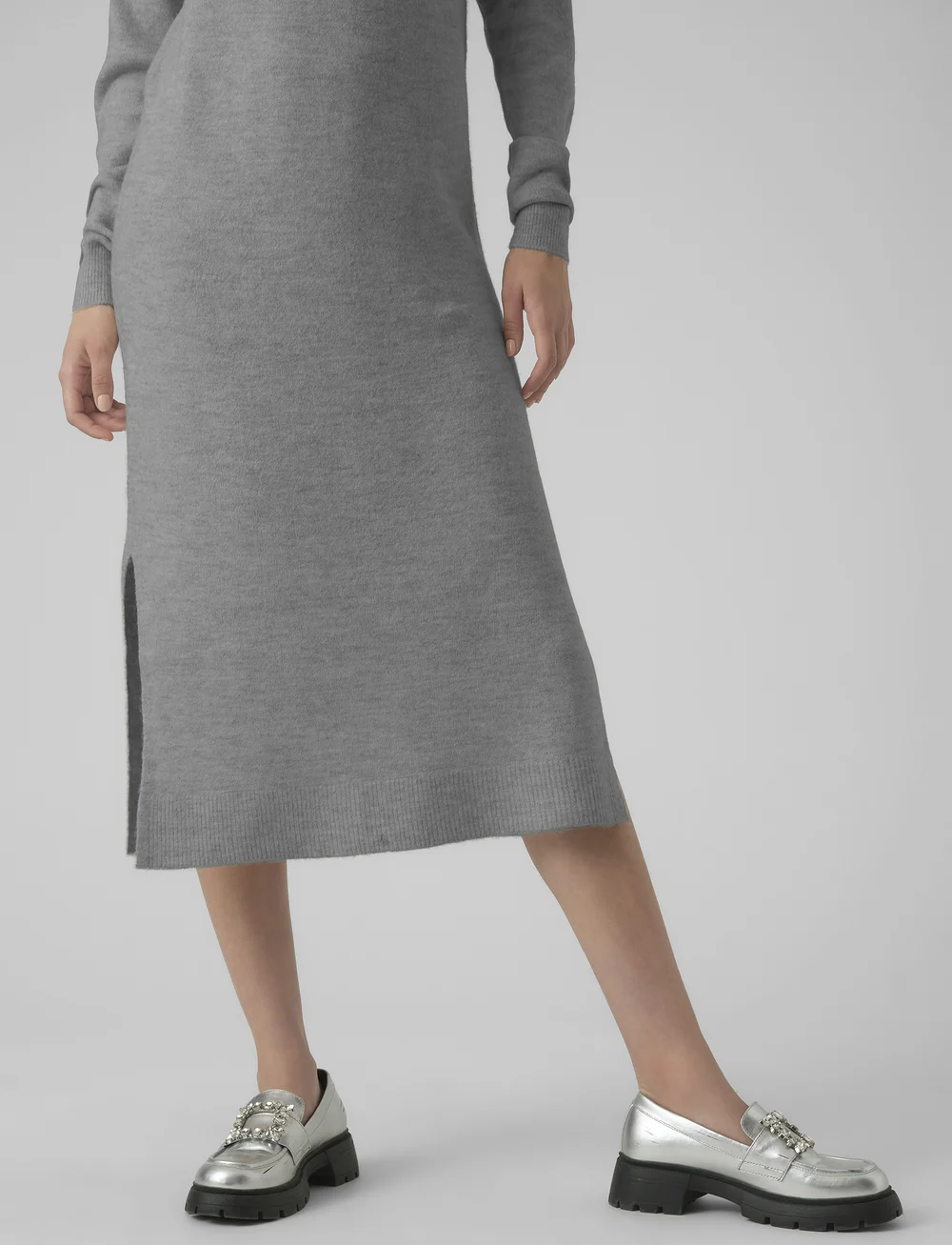 Vero Moda - VMLEFILE LS BOATNECK CALF DRESS NOOS - kootud kleidid - medium grey melange - 4
