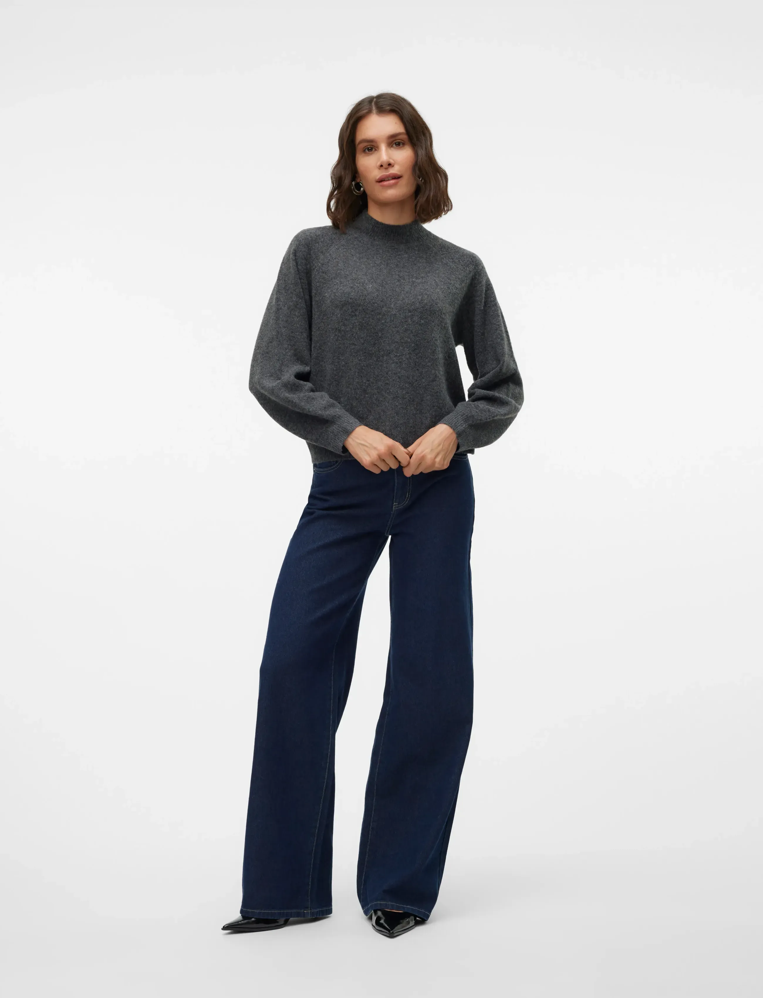Vero Moda - VMLEAF LS HIGH NECK PULLOVER NOOS - džemperiai - dark grey melange - 4