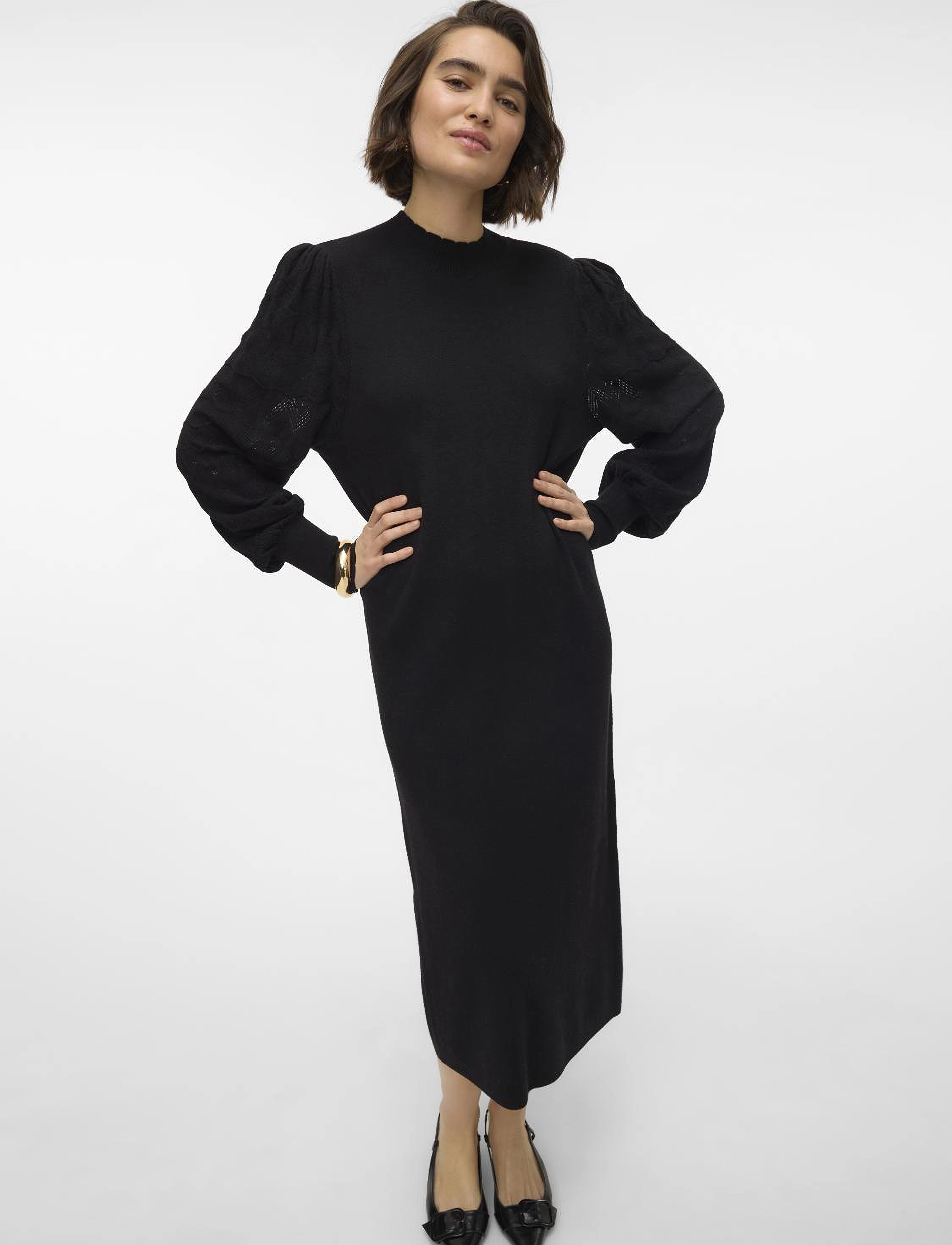 Vero Moda - VMLIMONE LS HIGHNECK CALF DRESS GA BOO - strickkleider - black - 5