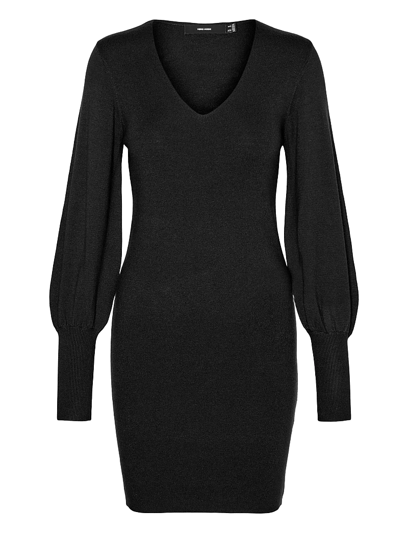 Vero Moda - VMHOLLYKARISPUFF LS V-NECK DRESS GA BOO - knitted dresses - black - 1