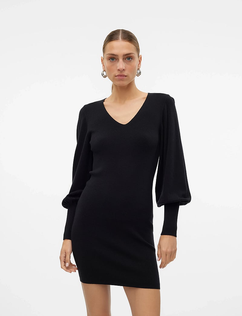 Vero Moda - VMHOLLYKARISPUFF LS V-NECK DRESS GA BOO - knitted dresses - black - 0