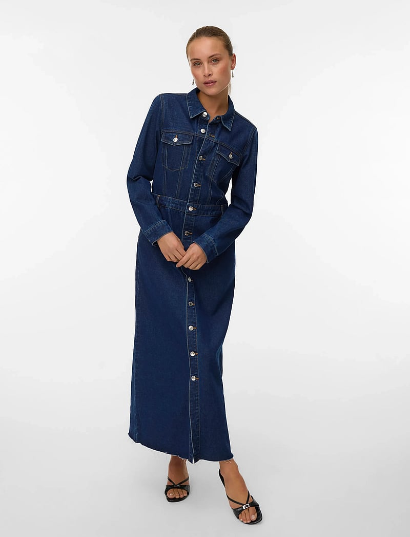 Vero Moda - VMMOLLY LS ANK DENIM DRESS - jeansklänningar - dark blue denim - 4