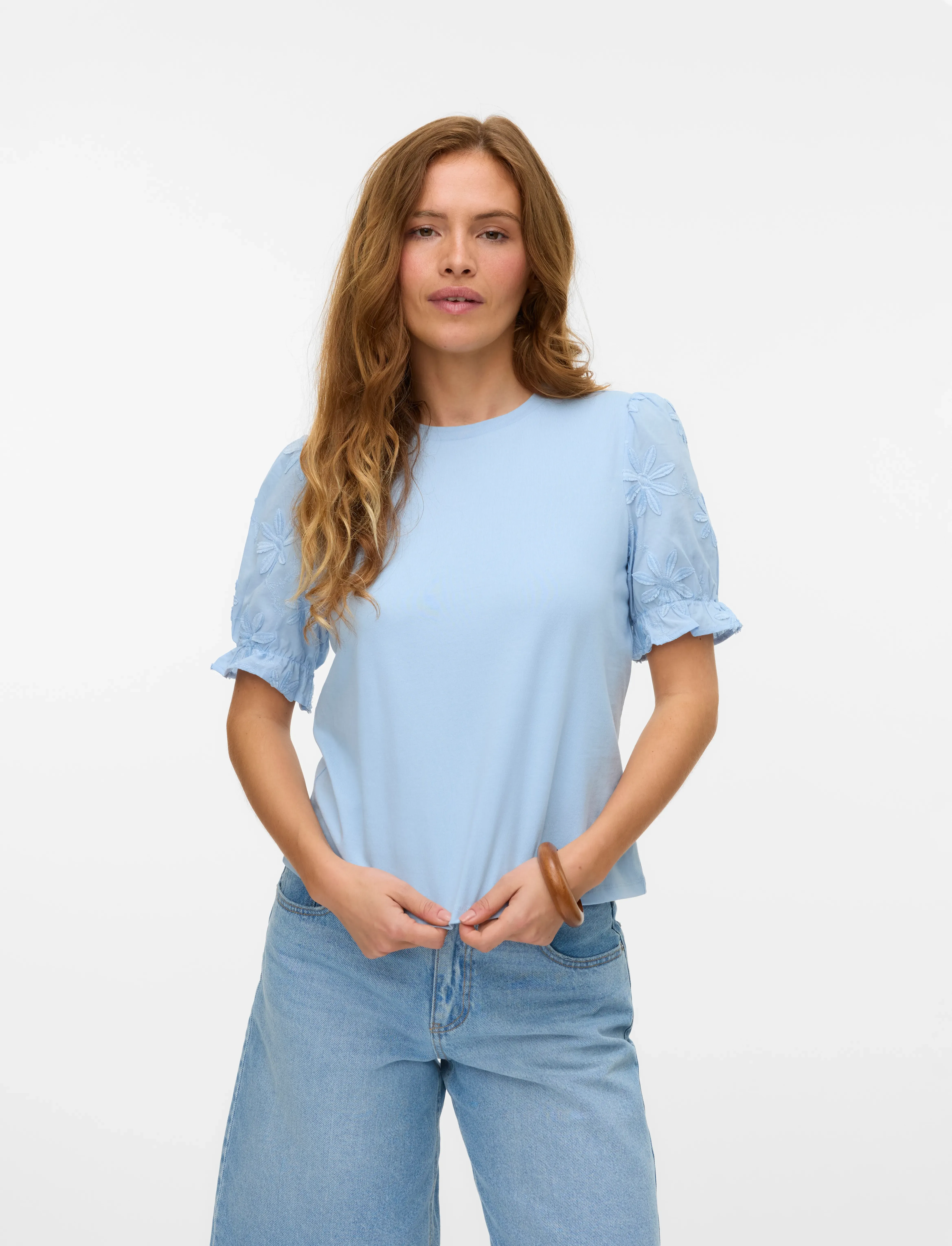 Vero Moda - VMSENNA SS EMB SLEEVE TOP JRS - lühikeste varrukatega pluusid - cashmere blue - 5