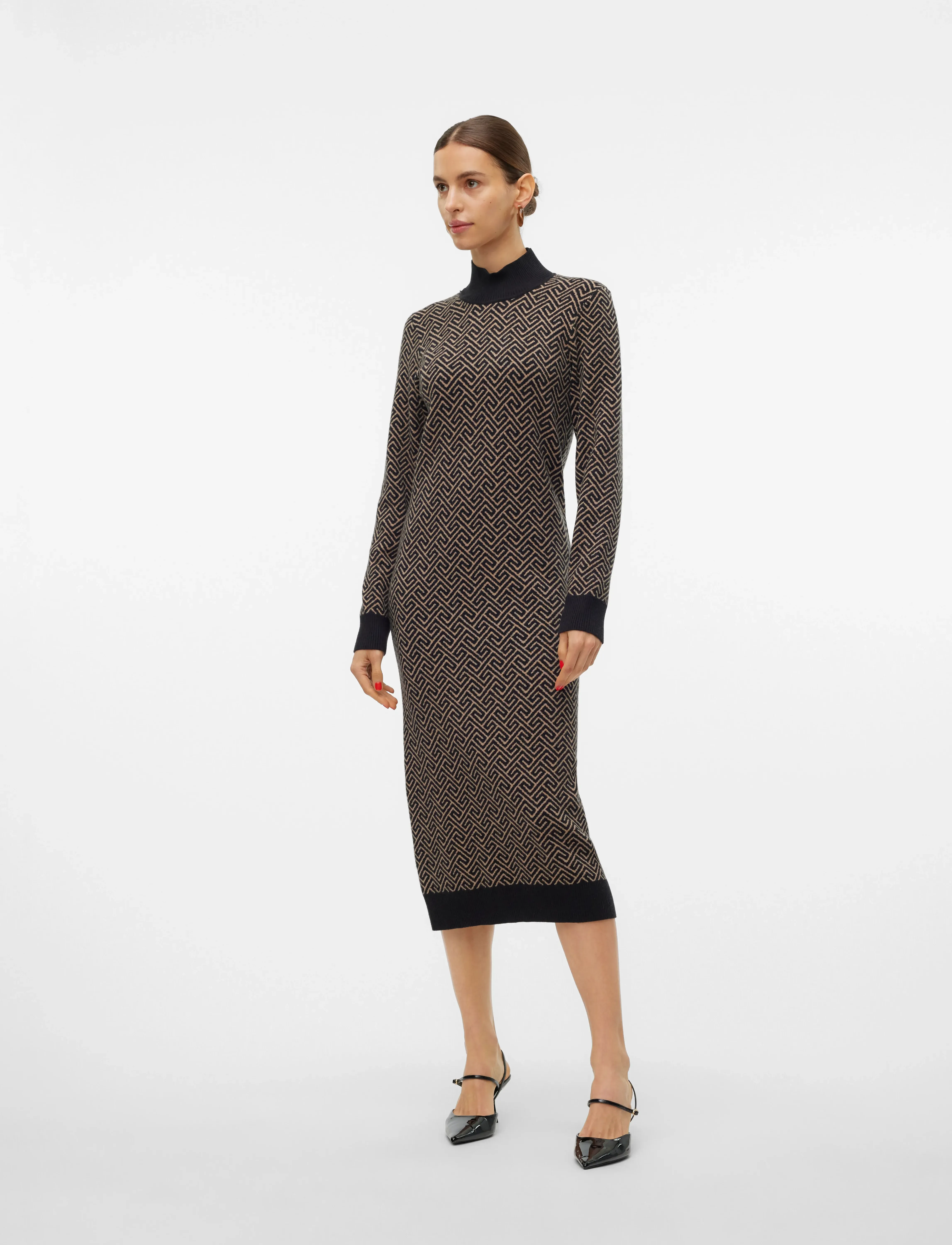 Vero Moda VMARIA ART LS HIGH-NECK CALF DRESS GA - Kleider - BLACK / black