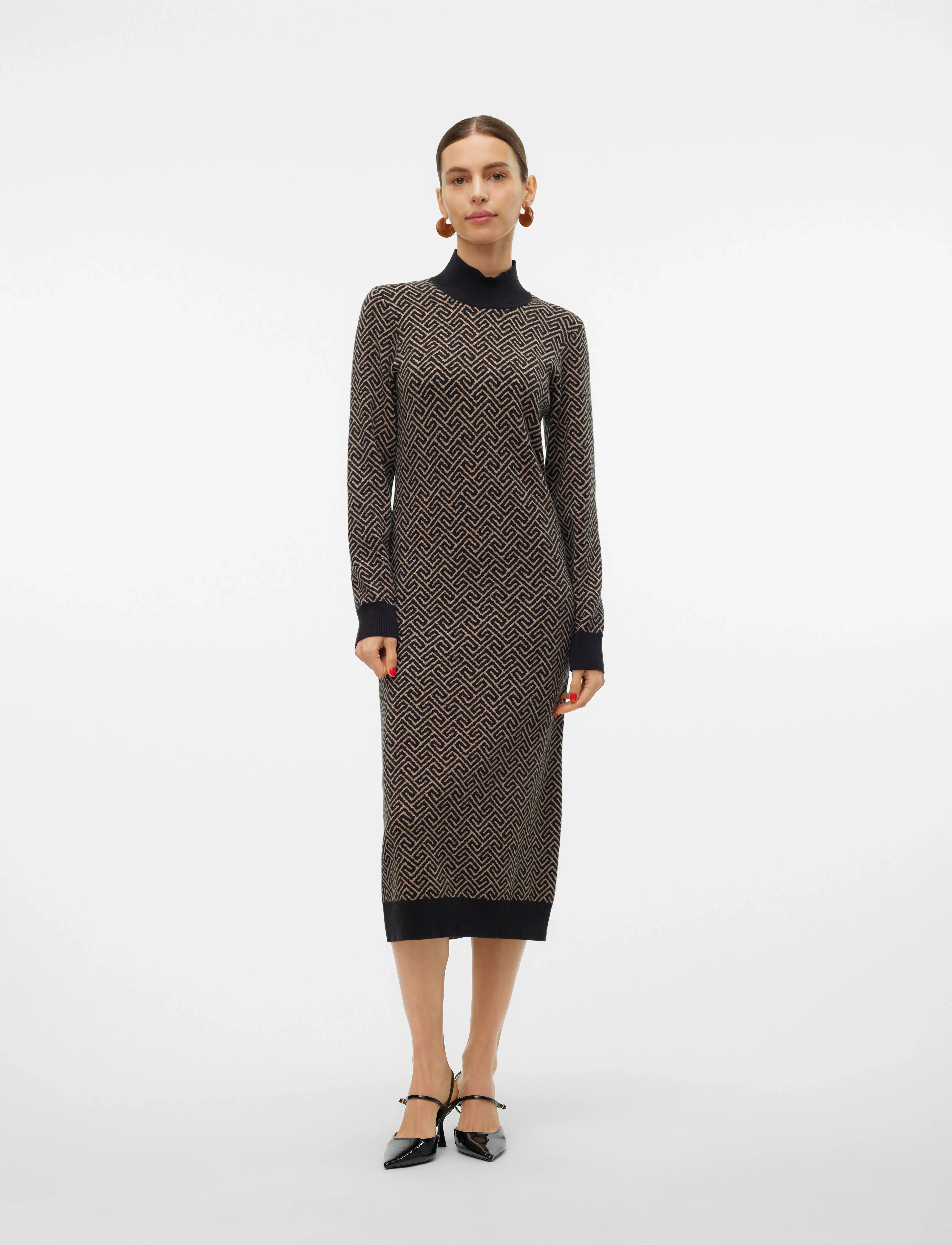 Vero Moda - VMARIA ART LS HIGH-NECK CALF DRESS GA - strickkleider - black - 3