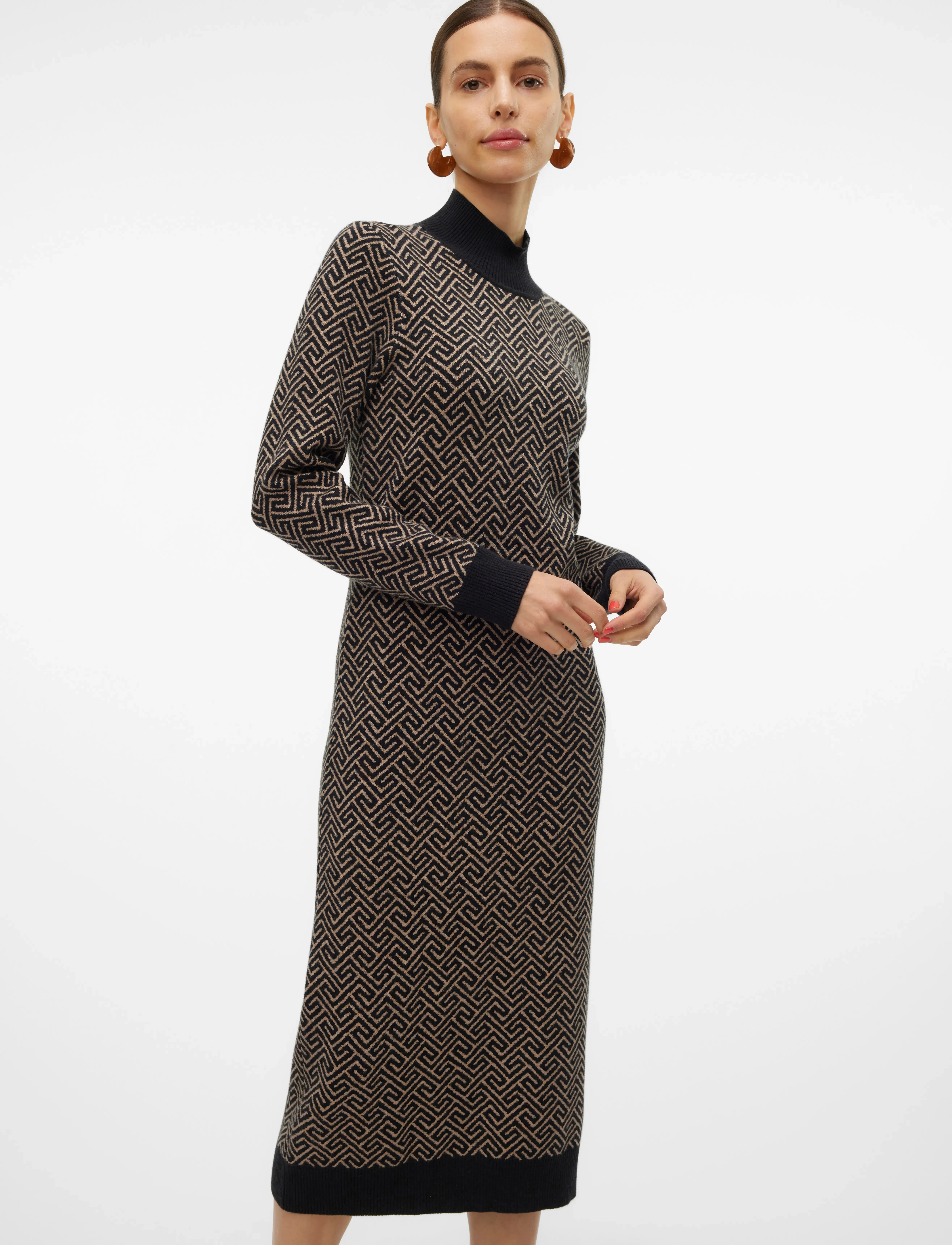 Vero Moda - VMARIA ART LS HIGH-NECK CALF DRESS GA - strickkleider - black - 4