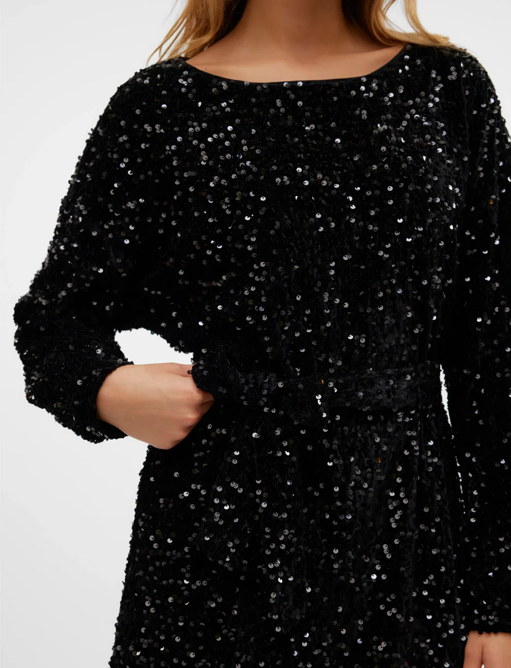 Vero Moda - VMBELLA LS BOATNECK SHORT DRESS JRS - pailletkjoler - black - 4