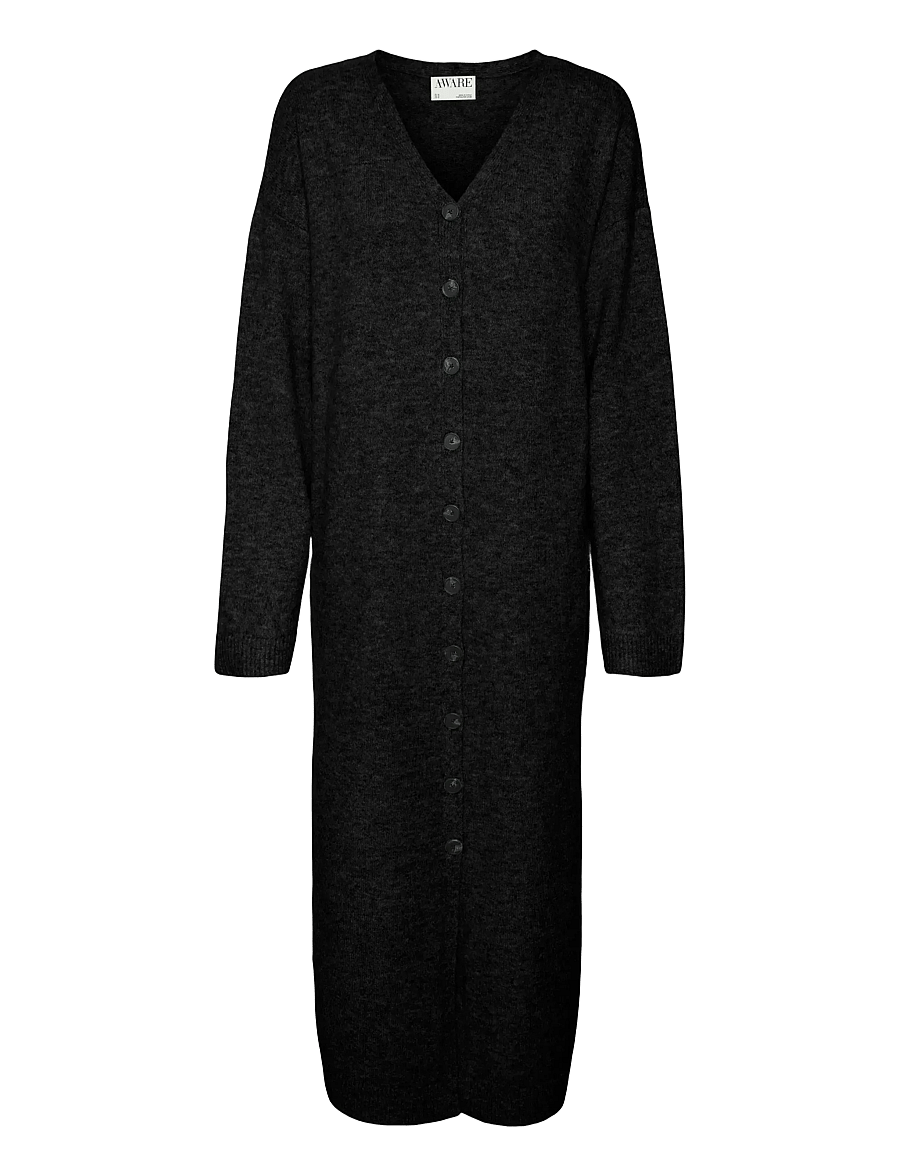 Vero Moda - AWNINNA LS V-NECK 7/8 KNIT DRESS - knitted dresses - black - 1