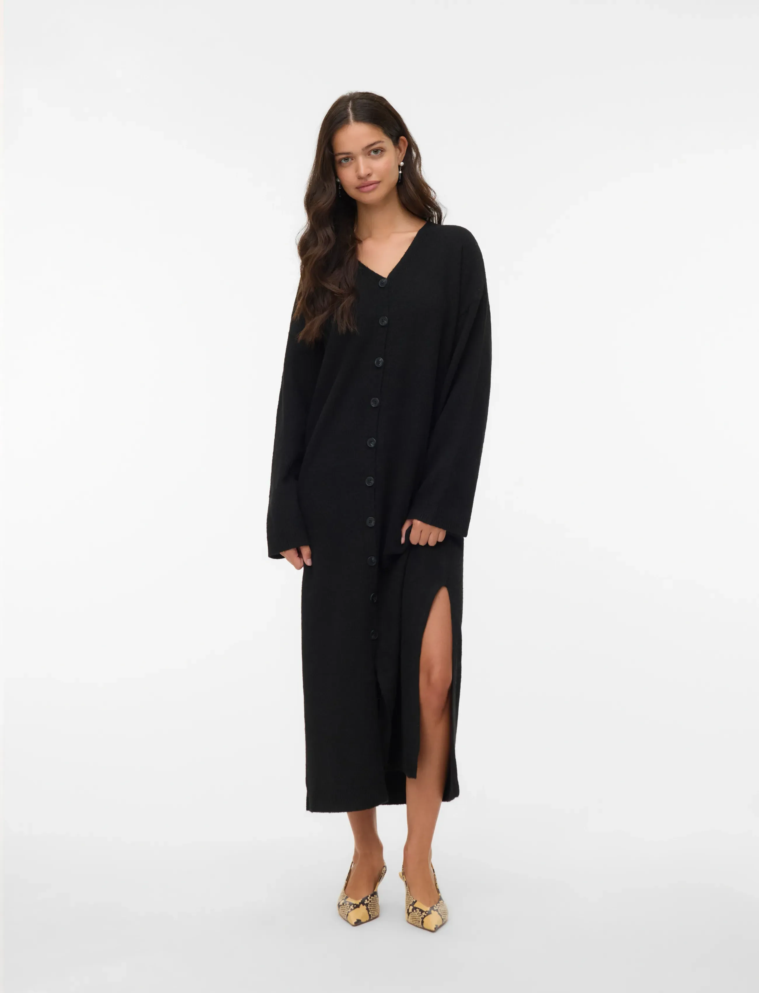 Vero Moda Awninna Ls V-Neck 7/8 Knit Dress, S, Dresses, Schwarz - Knee-length & Midi, Frauen