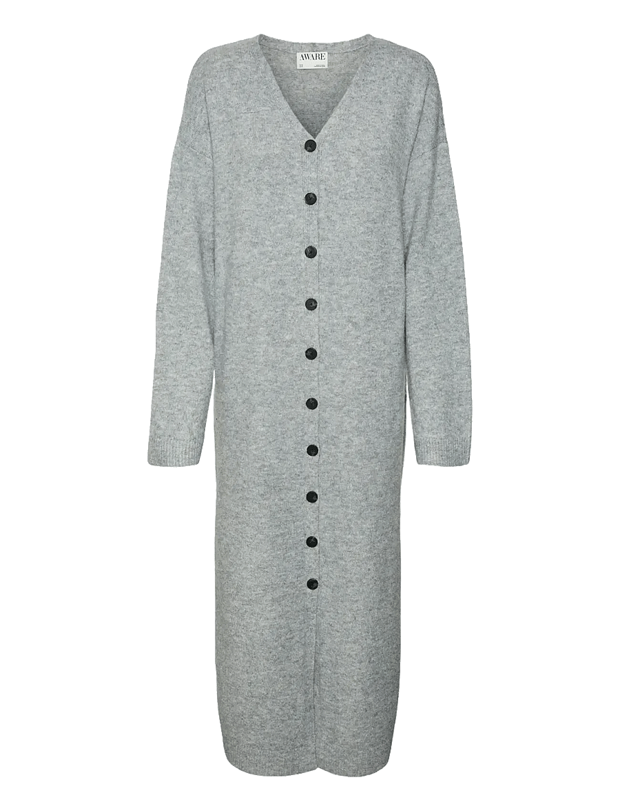 Vero Moda - AWNINNA LS V-NECK 7/8 KNIT DRESS - stickade klänningar - dark grey melange - 1