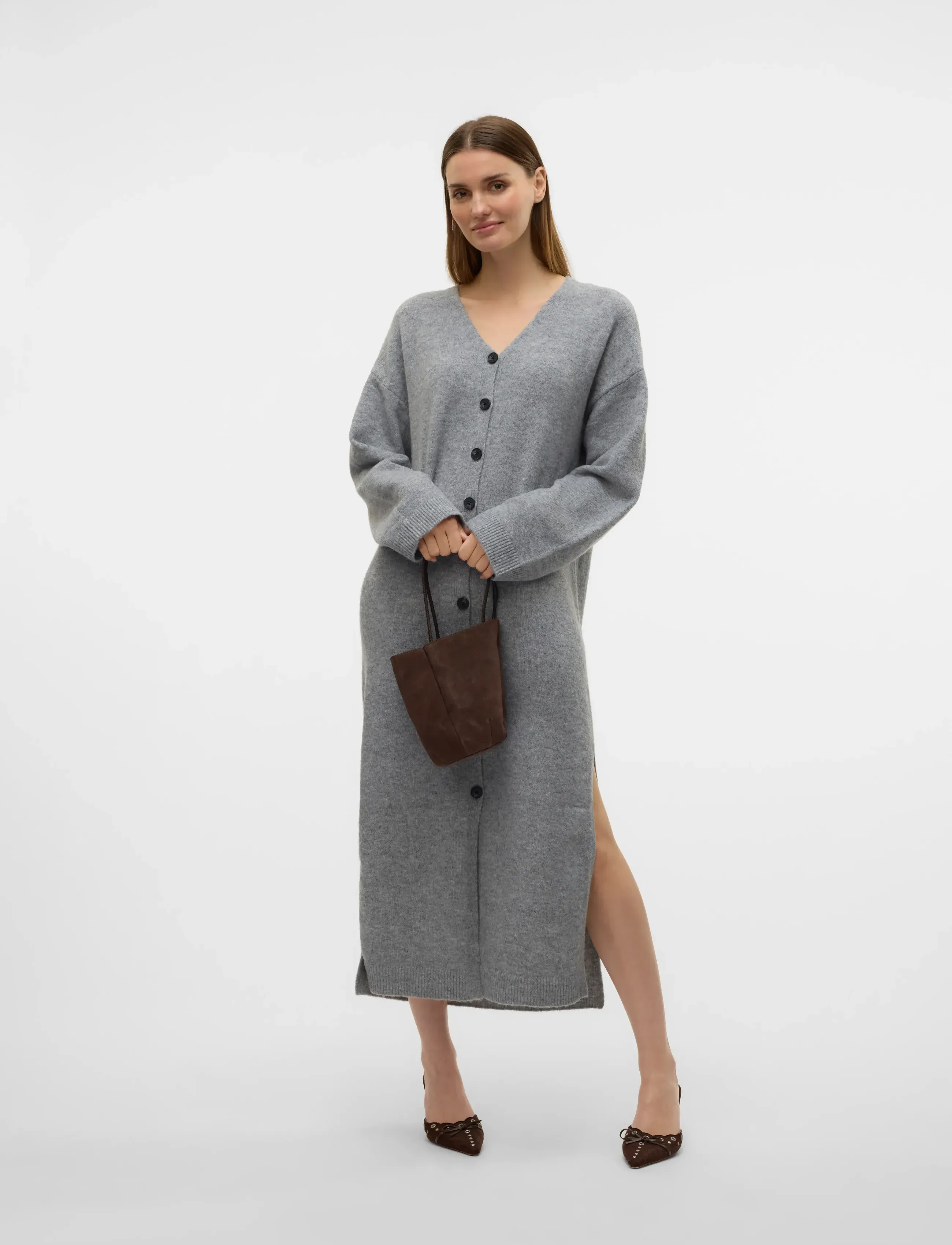 Vero Moda Awninna Ls V-Neck 7/8 Knit Dress, M, Dresses, Grau - Knee-length & Midi, Frauen