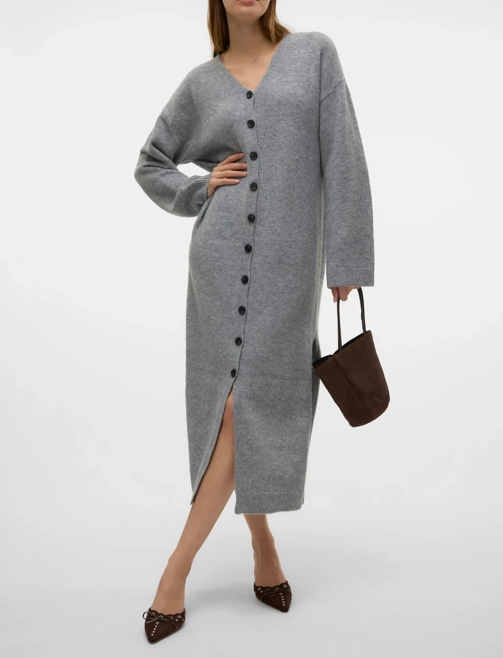 Vero Moda - AWNINNA LS V-NECK 7/8 KNIT DRESS - knitted dresses - dark grey melange - 3