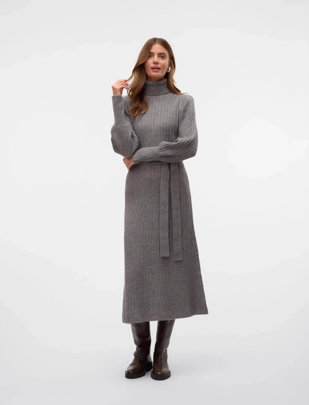 Vero Moda - VMAURELIA LS ROLLNECK 7/8 KNIT DRESS VMA - kootud kleidid - medium grey melange - 0