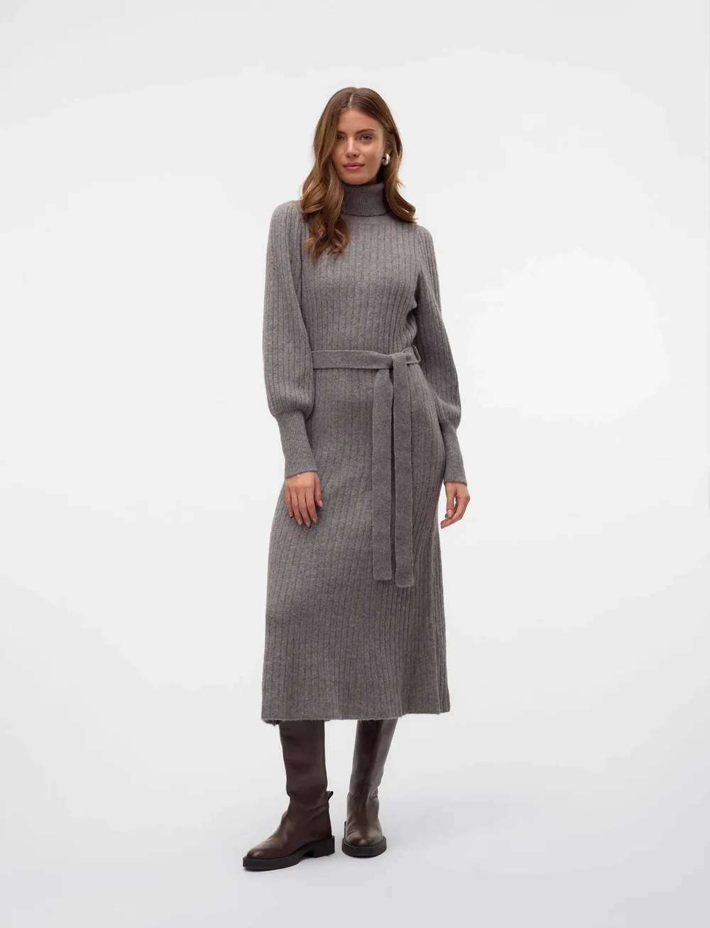 Vero Moda - VMAURELIA LS ROLLNECK 7/8 KNIT DRESS VMA - kootud kleidid - medium grey melange - 4