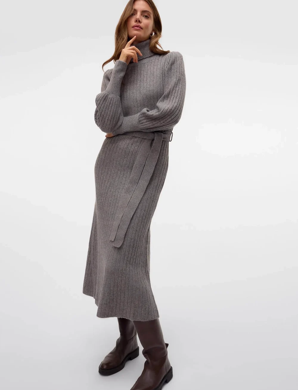 Vero Moda - VMAURELIA LS ROLLNECK 7/8 KNIT DRESS VMA - kootud kleidid - medium grey melange - 5