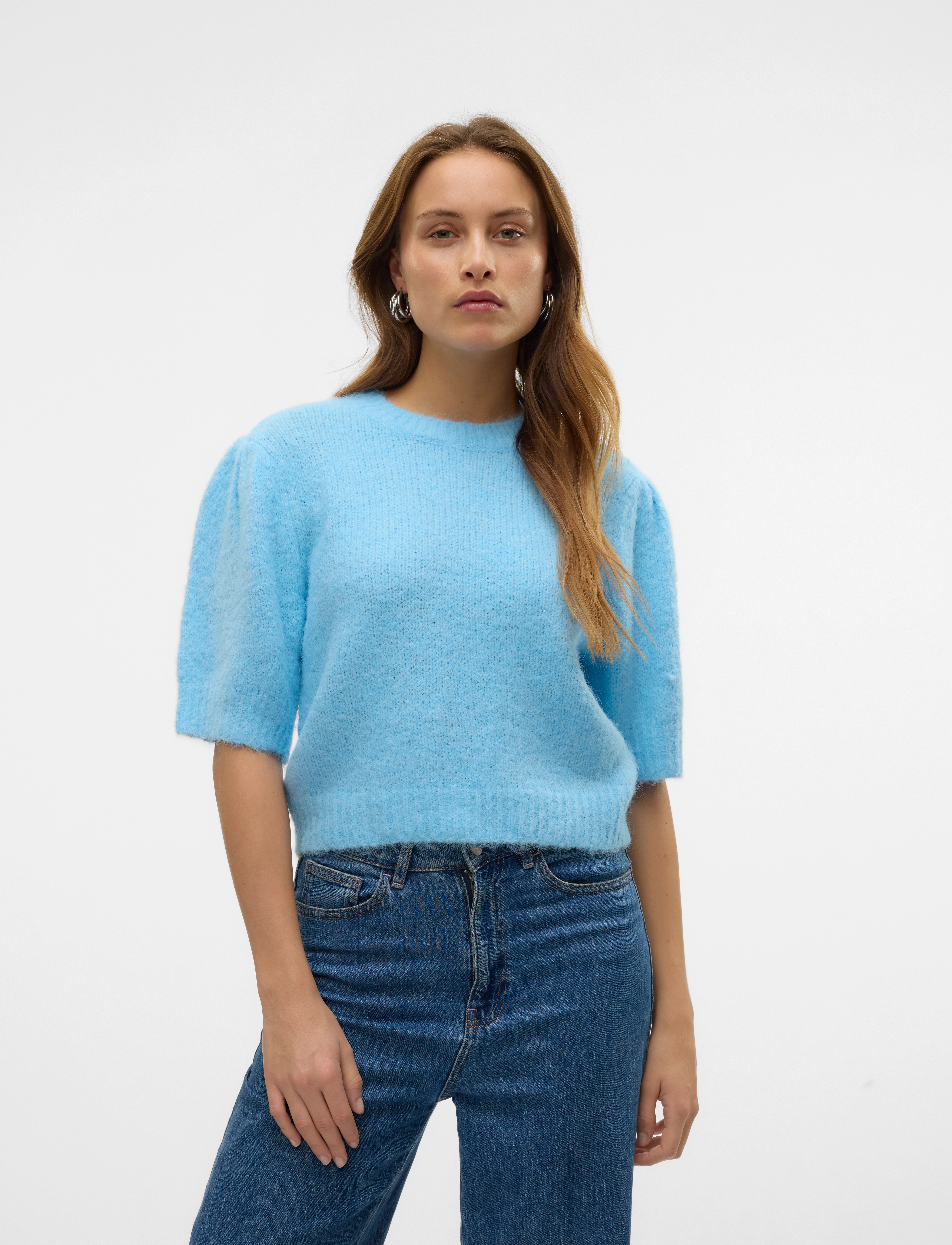 Vero Moda Vmnovah Ss O-Neck Puff Pullover Ga Noos, Kvinder, Pufærme Strik Pullover, Blå, Str: M