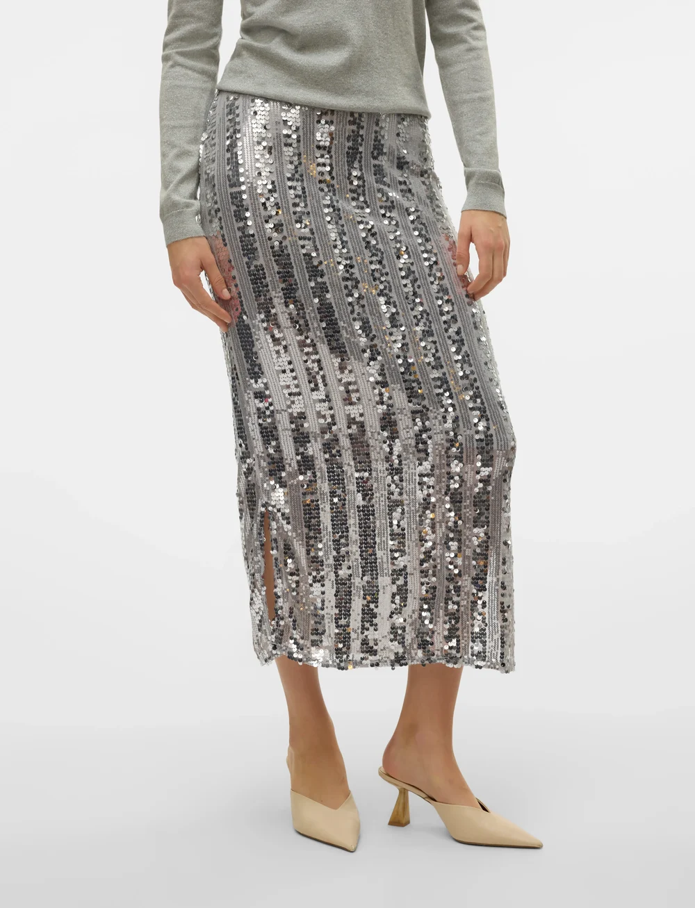 Vero Moda - VMEFA HW 7/8 SKIRT JRS - pailletten-röcke - silver - 0