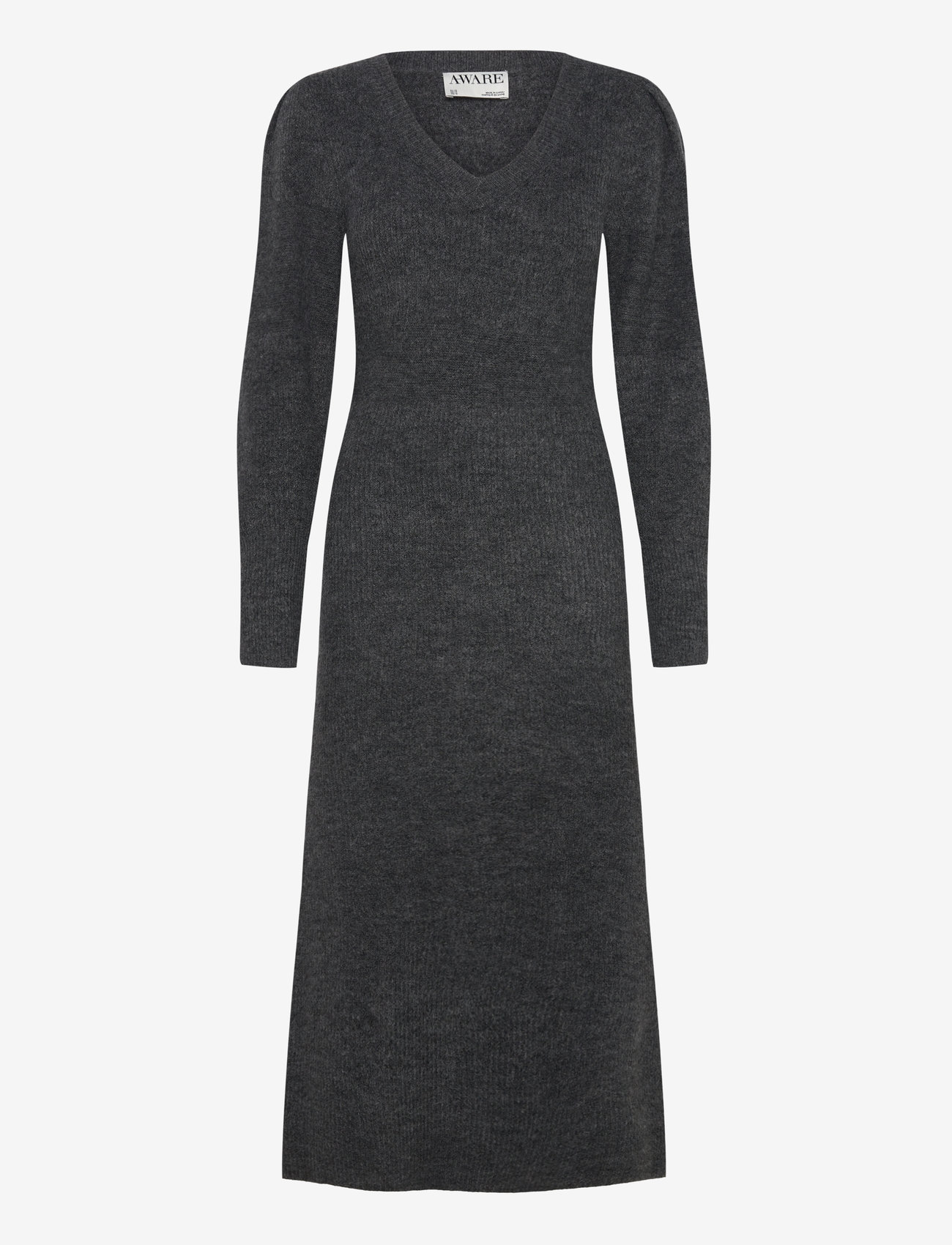 Vero Moda - VMANGALINA LS V-NECK 7/8 KNIT DRESS VMA - stickade klänningar - dark grey melange - 1