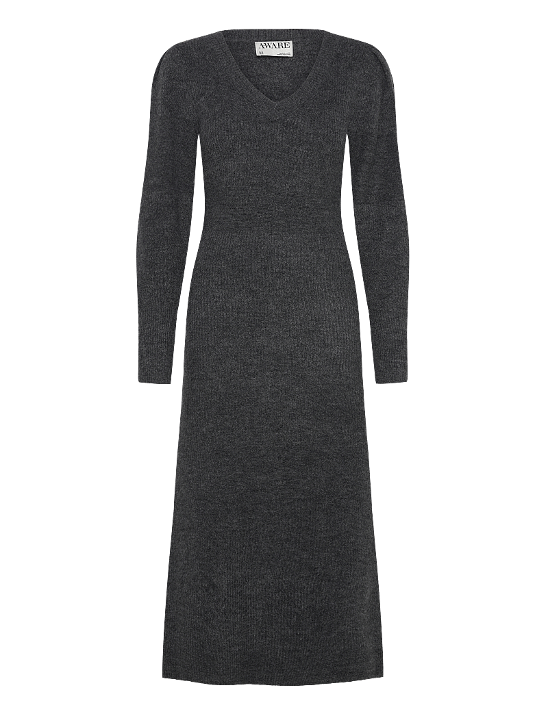 Vero Moda - VMANGALINA LS V-NECK 7/8 KNIT DRESS VMA - stickade klänningar - dark grey melange - 1