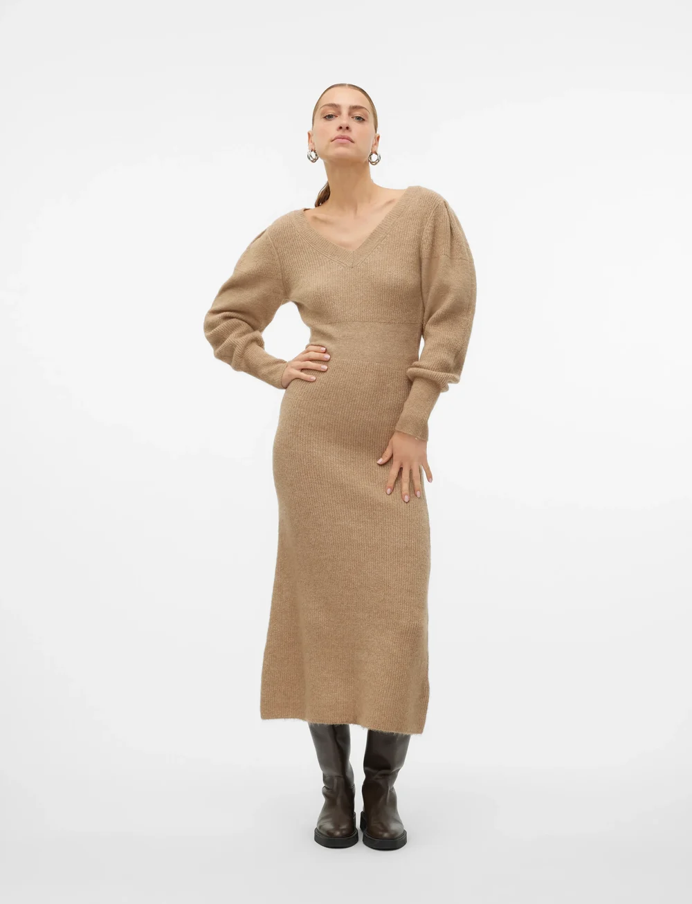 Vero Moda - VMANGALINA LS V-NECK 7/8 KNIT DRESS VMA - strikkjoler - silver mink - 0