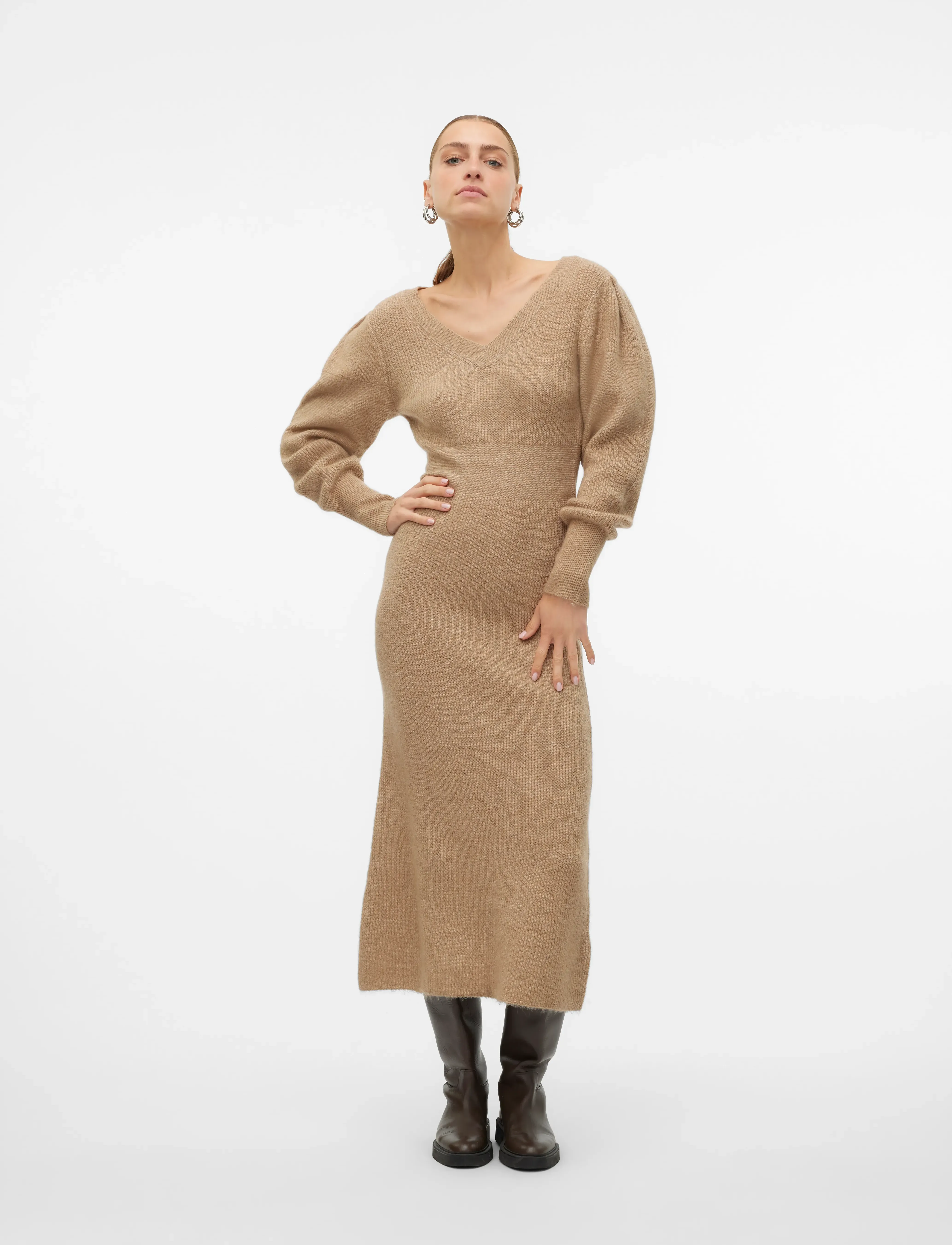 Vero Moda VMANGALINA LS V-NECK 7/8 KNIT DRESS VMA - Maxi kjoler - SILVER MINK / beige