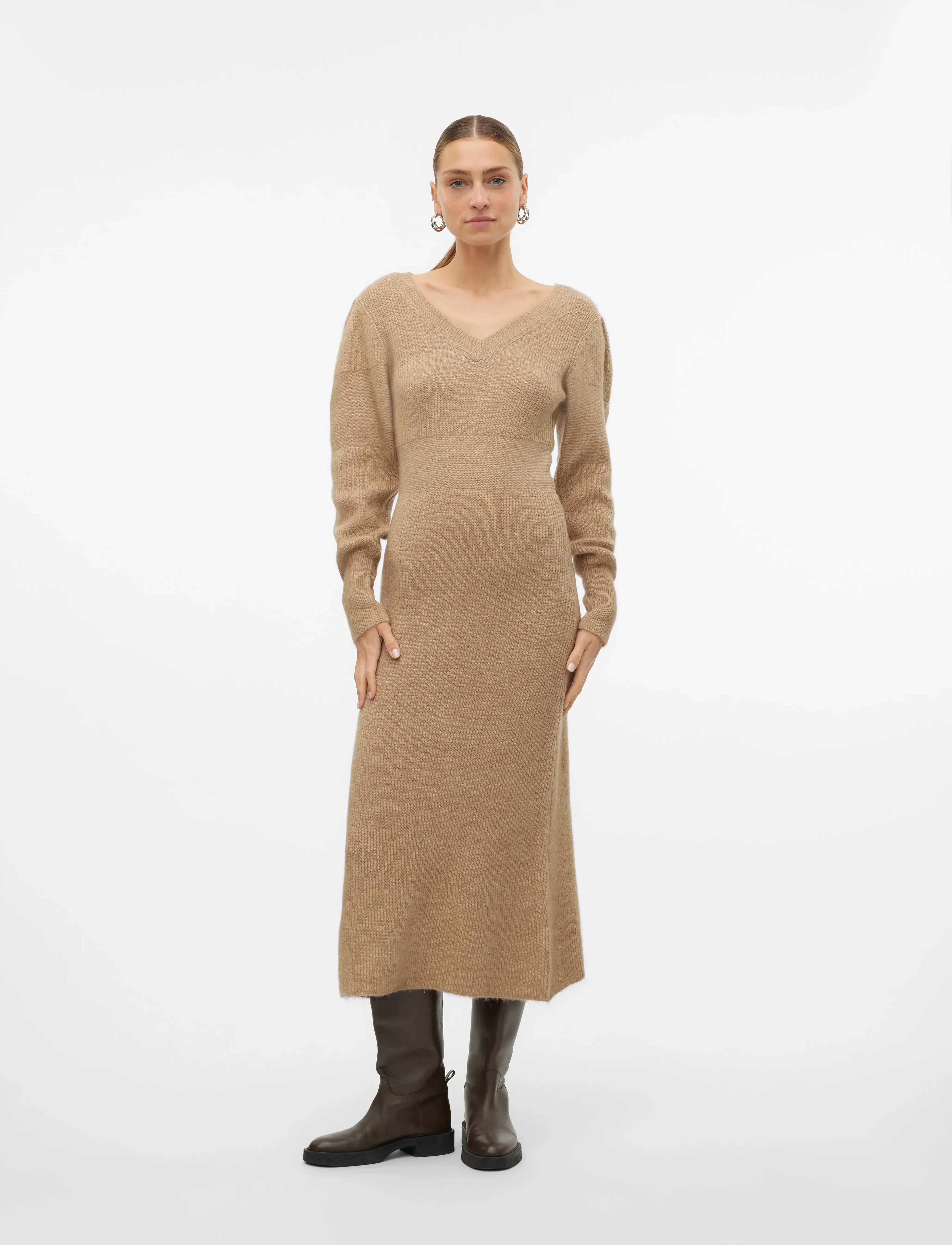 Vero Moda - VMANGALINA LS V-NECK 7/8 KNIT DRESS VMA - silver mink - 4