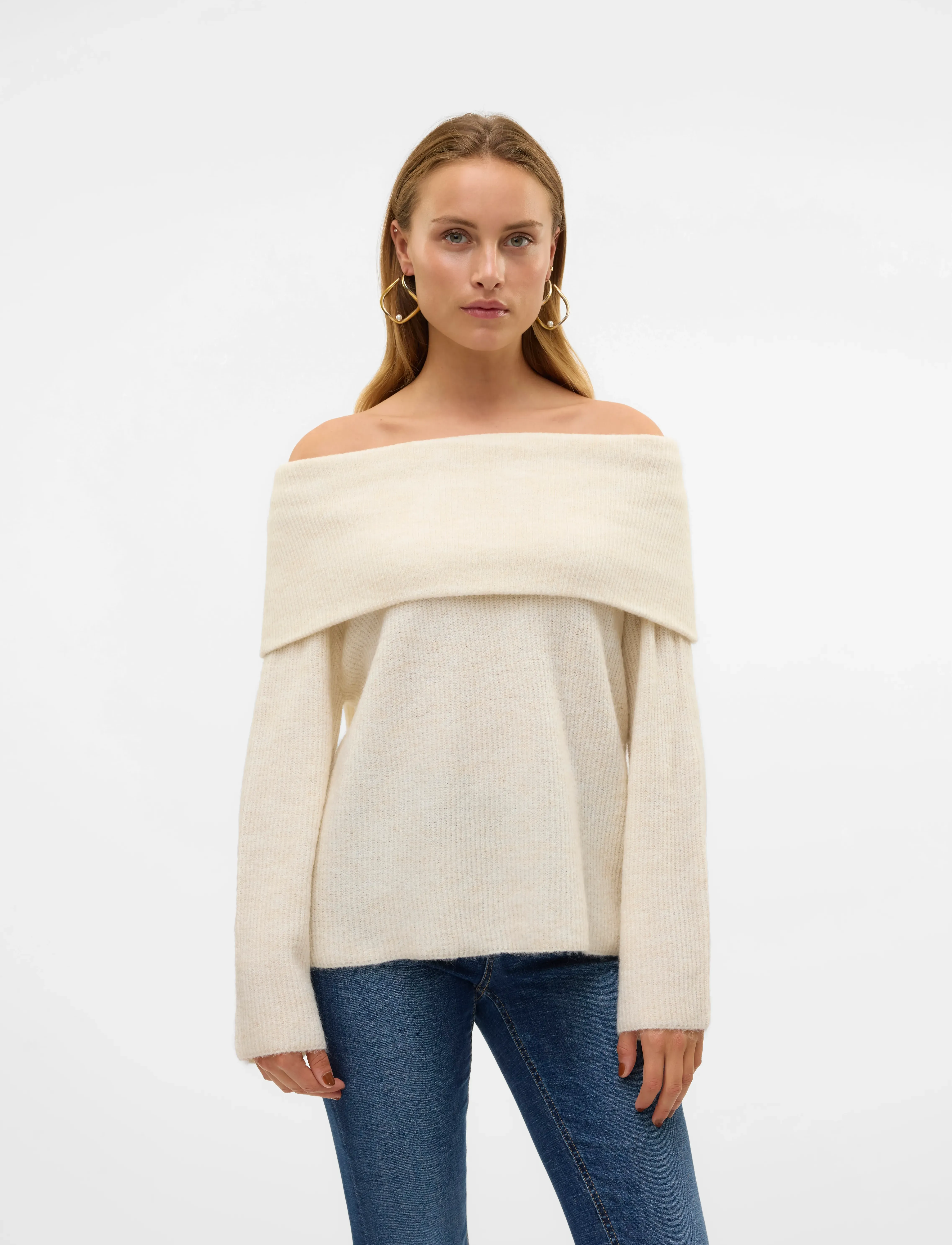 Vero Moda Vmera Ls Off Shoulder Pullover Ga Noos, L, Cream, Strik > Trøjer, Dame
