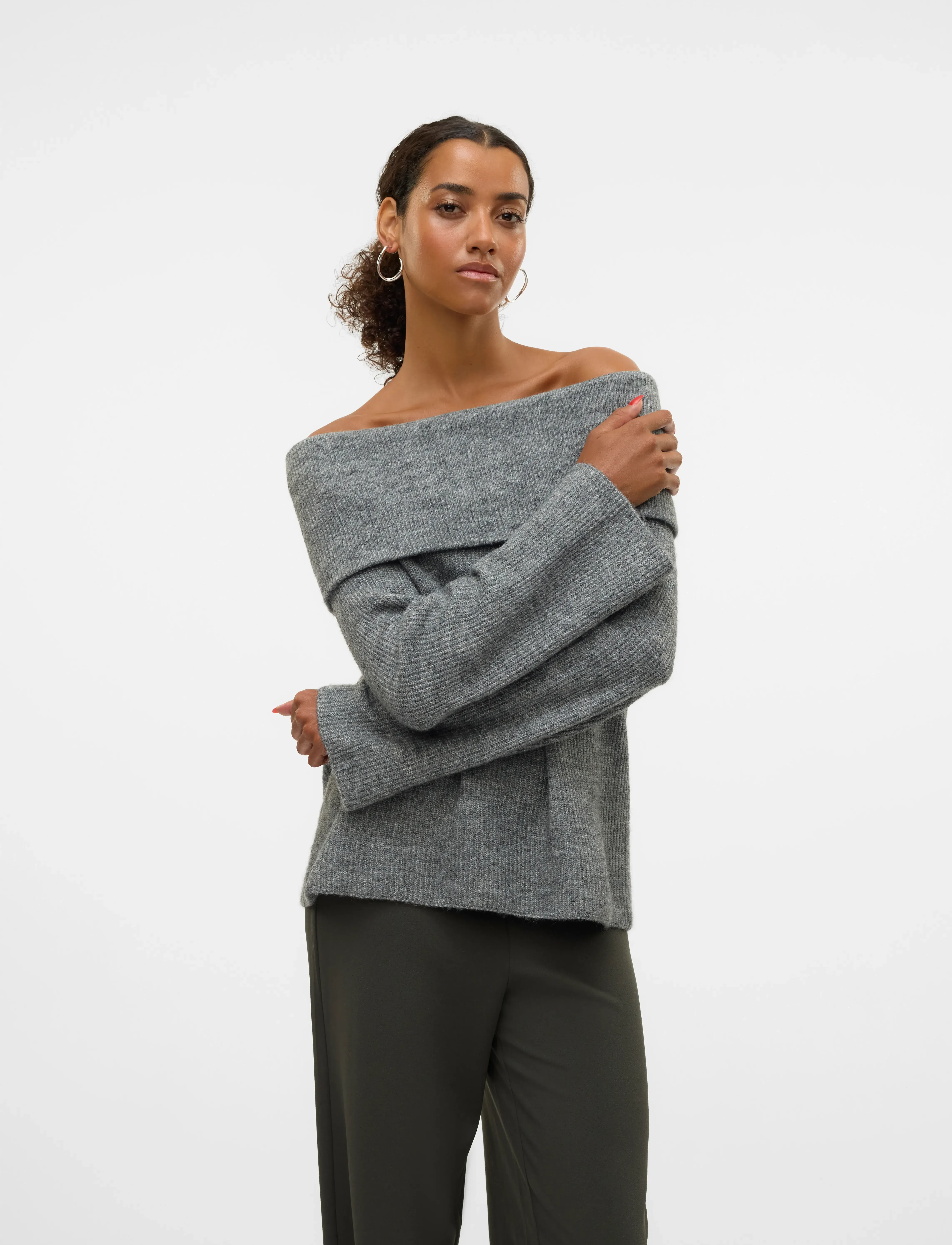 Vero Moda Vmera Ls Off Shoulder Pullover Ga Noos, M, Grey, Strik > Trøjer, Dame