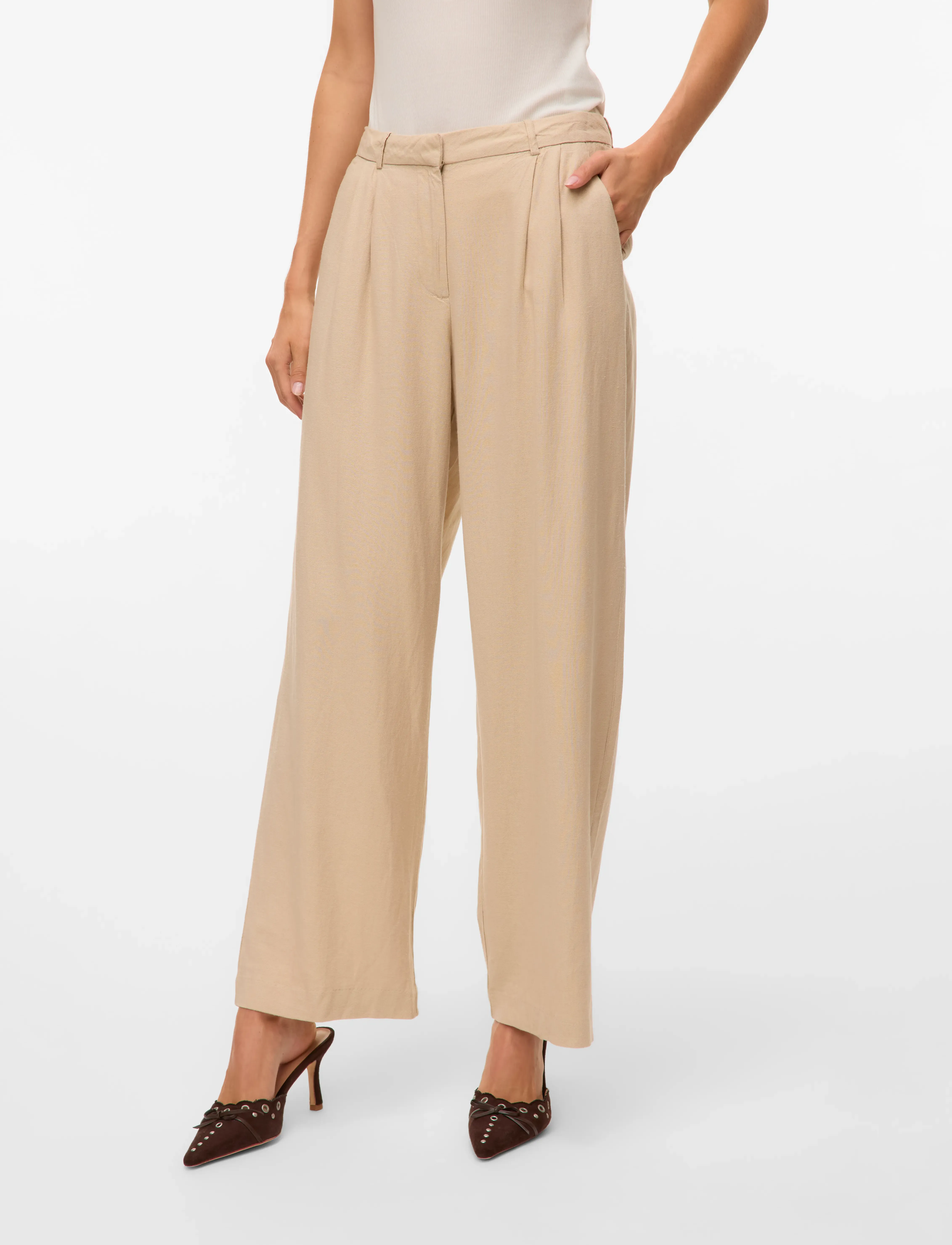 Vero Moda Vmmindy Mw Linen Dad Pant Mix, Kvinder, Nålestribede Dad Bukser, Beige, Str: 36 x 32