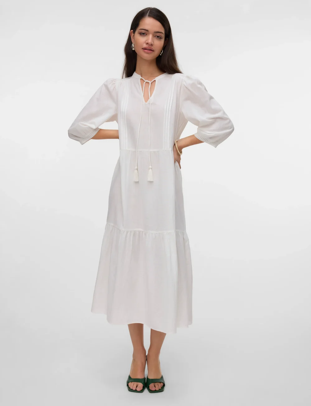 Vero Moda - VMPRETTY 3/4 LONG DRESS WVN GA - sutvirtinimas - snow white - 3