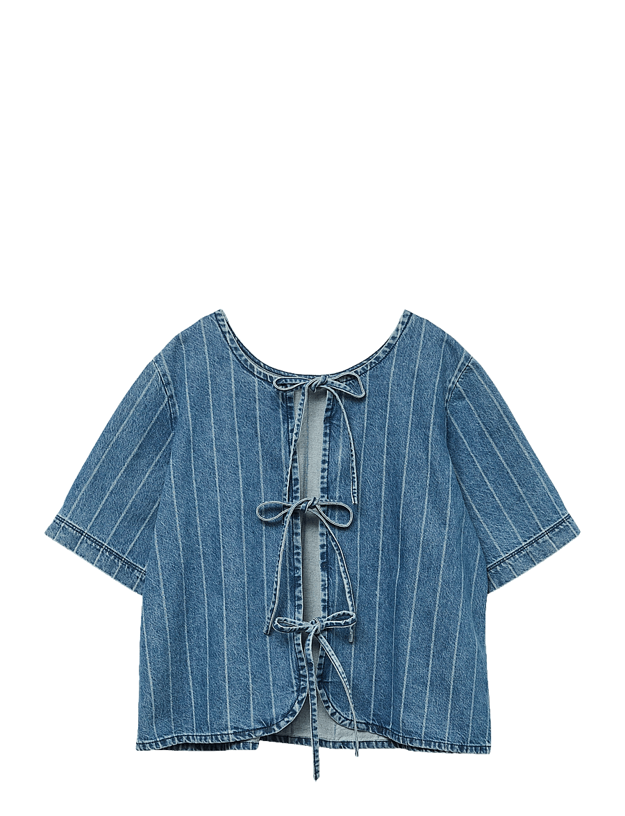 Vero Moda - VMTRILLE SS STRIED TIE SHIRT - kortärmade blusar - medium blue denim - 2