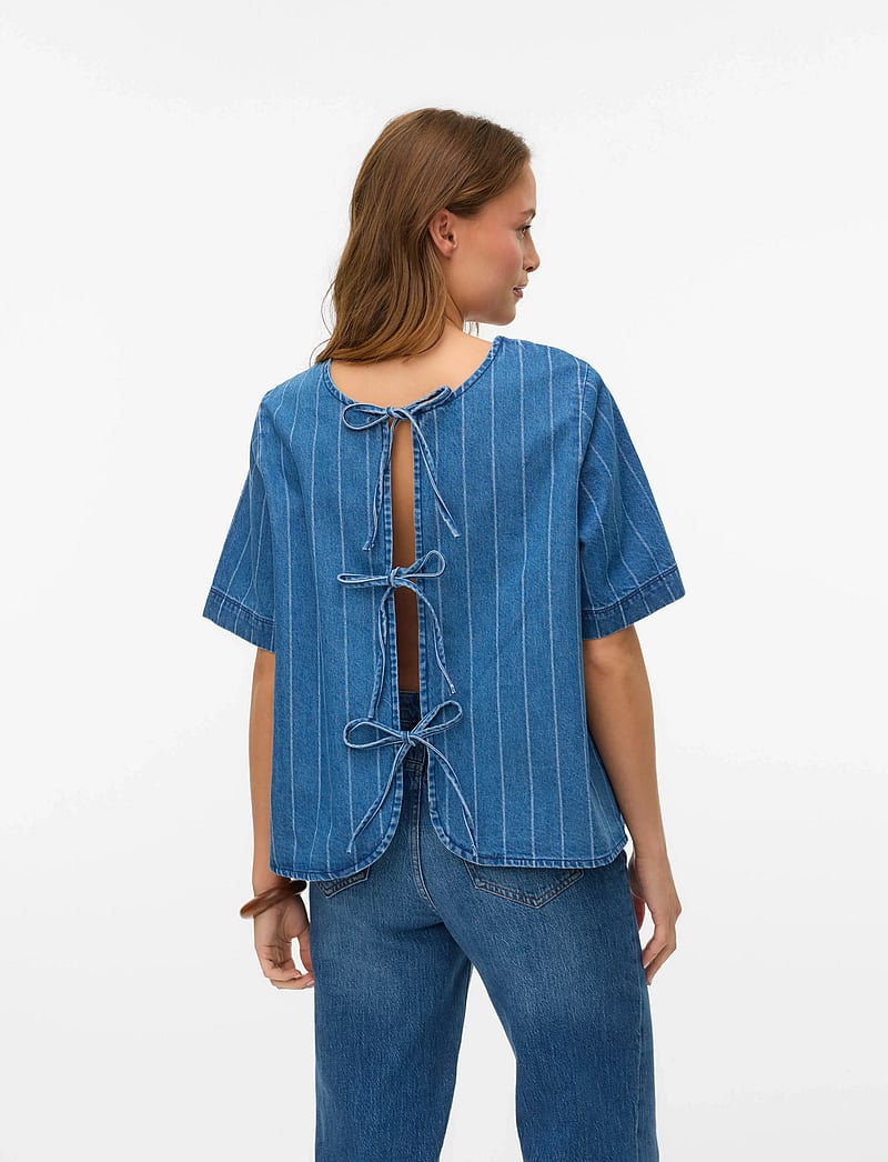 Vero Moda - VMTRILLE SS STRIED TIE SHIRT - short-sleeved blouses - medium blue denim - 3