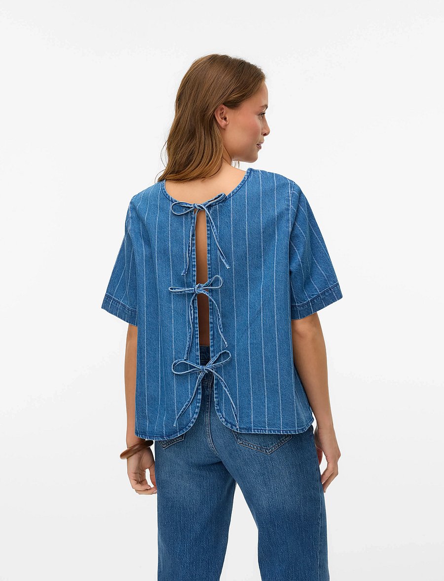 Vero Moda - VMTRILLE SS STRIED TIE SHIRT - kortärmade blusar - medium blue denim - 3