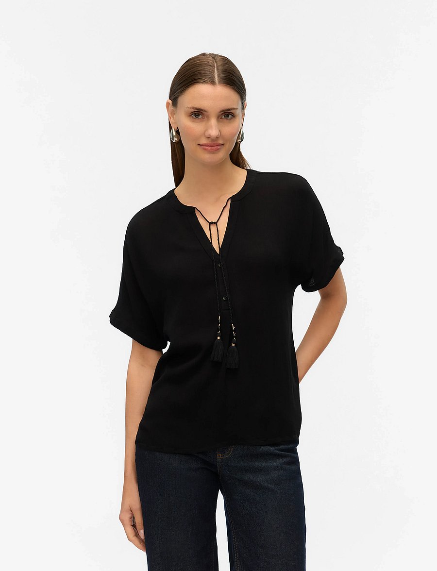 Vero Moda - VMBENTE SS WIDE TOP WVN GA - kurzärmelige blusen - black - 0